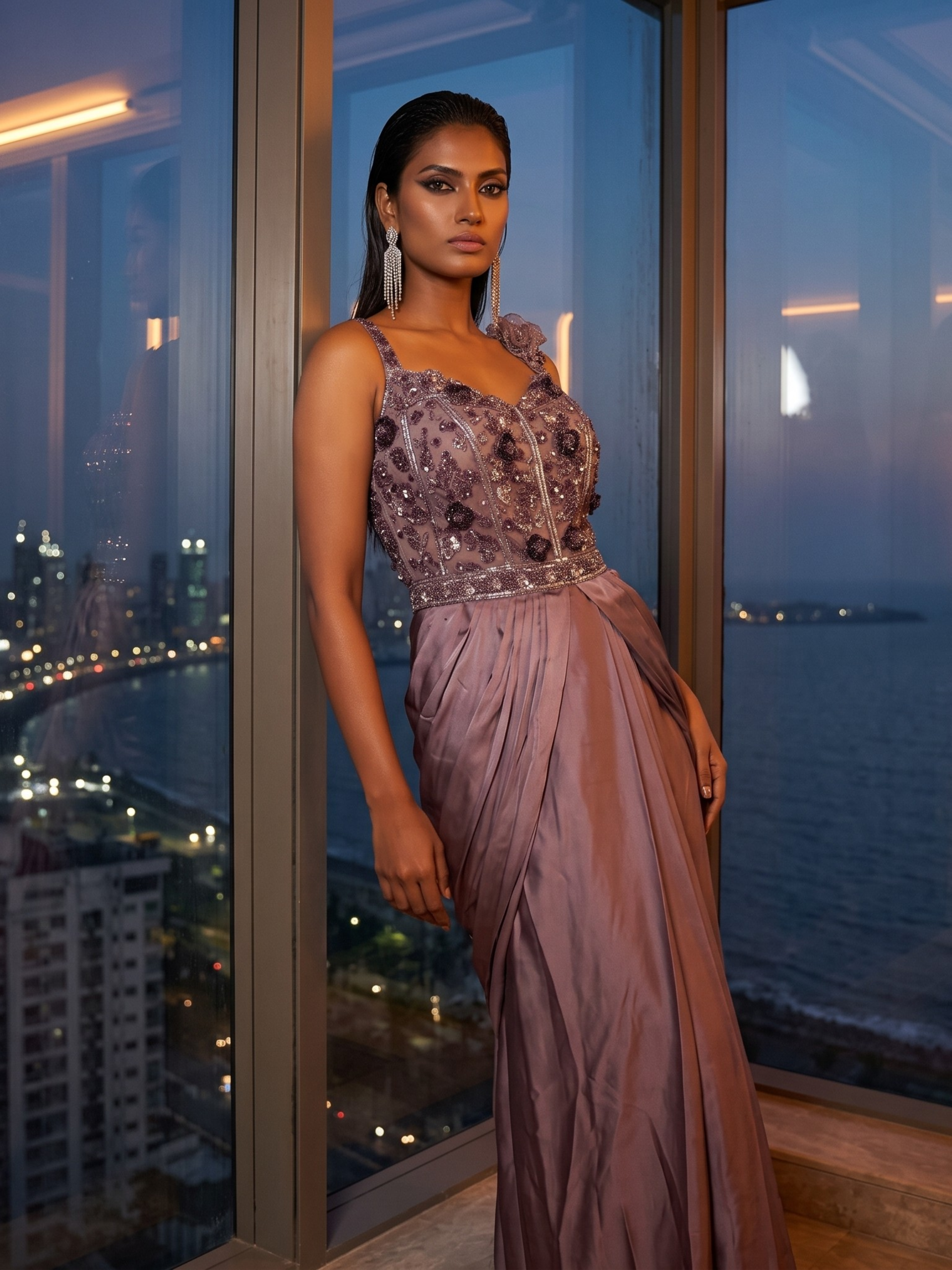 Royal Purple Satin Silk Long Drape Saree & Embellished Blouse