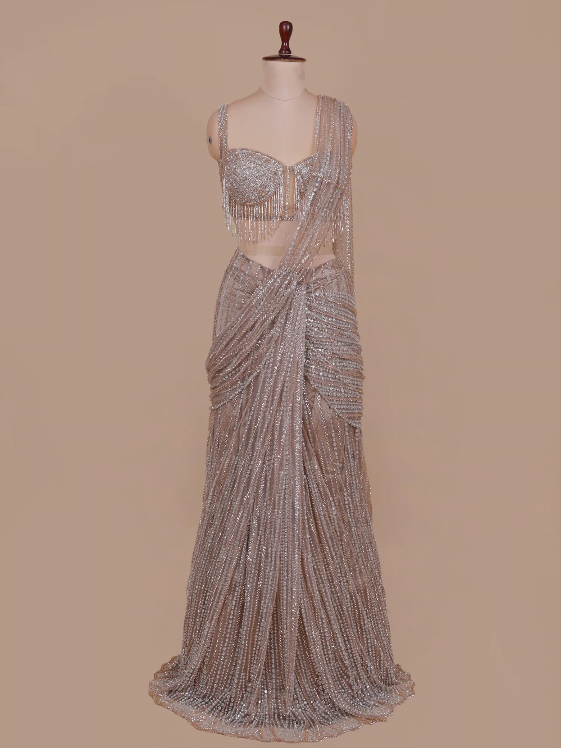 Champagne Crystal Embellished Net Drape Saree Set