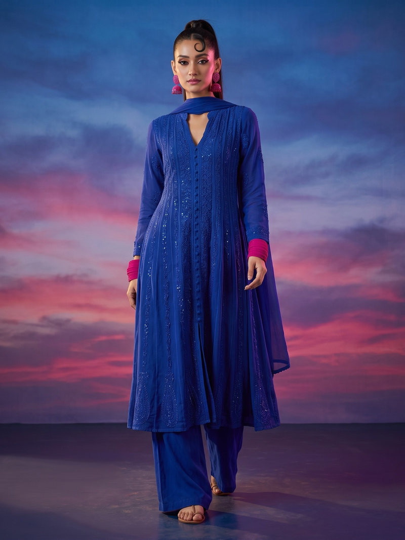 Sapphire Positano Chikankari & Mukaish Anarkali Set (Set of 3)