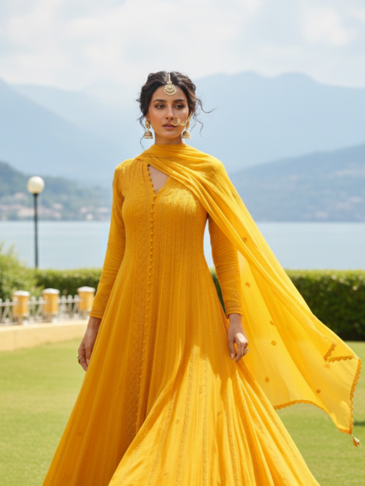 Tuscan Yellow Chikankari & Mukaish Anarkali Set (Set of 3)