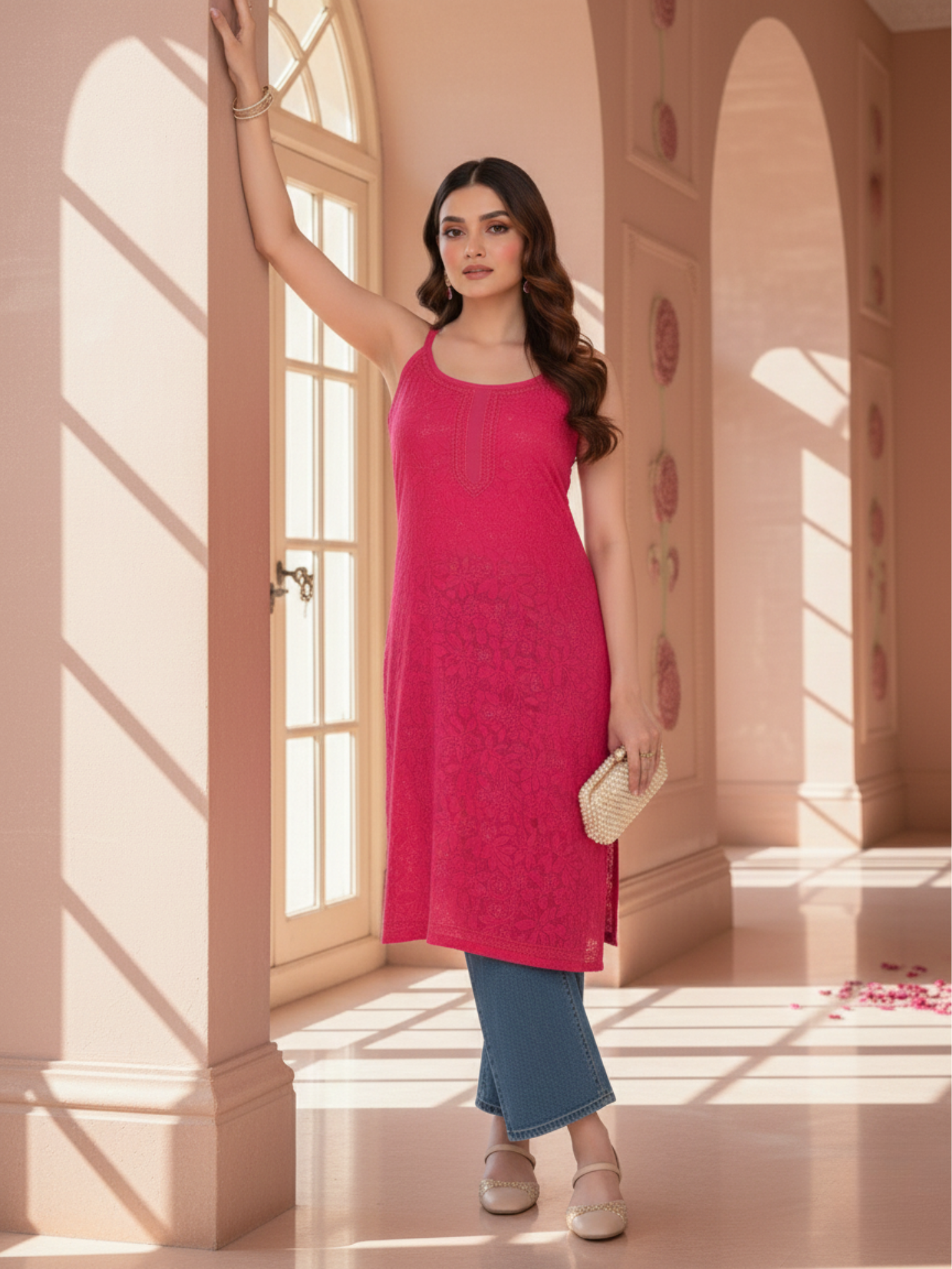 Chloe Pink Chikankari Long Kurta