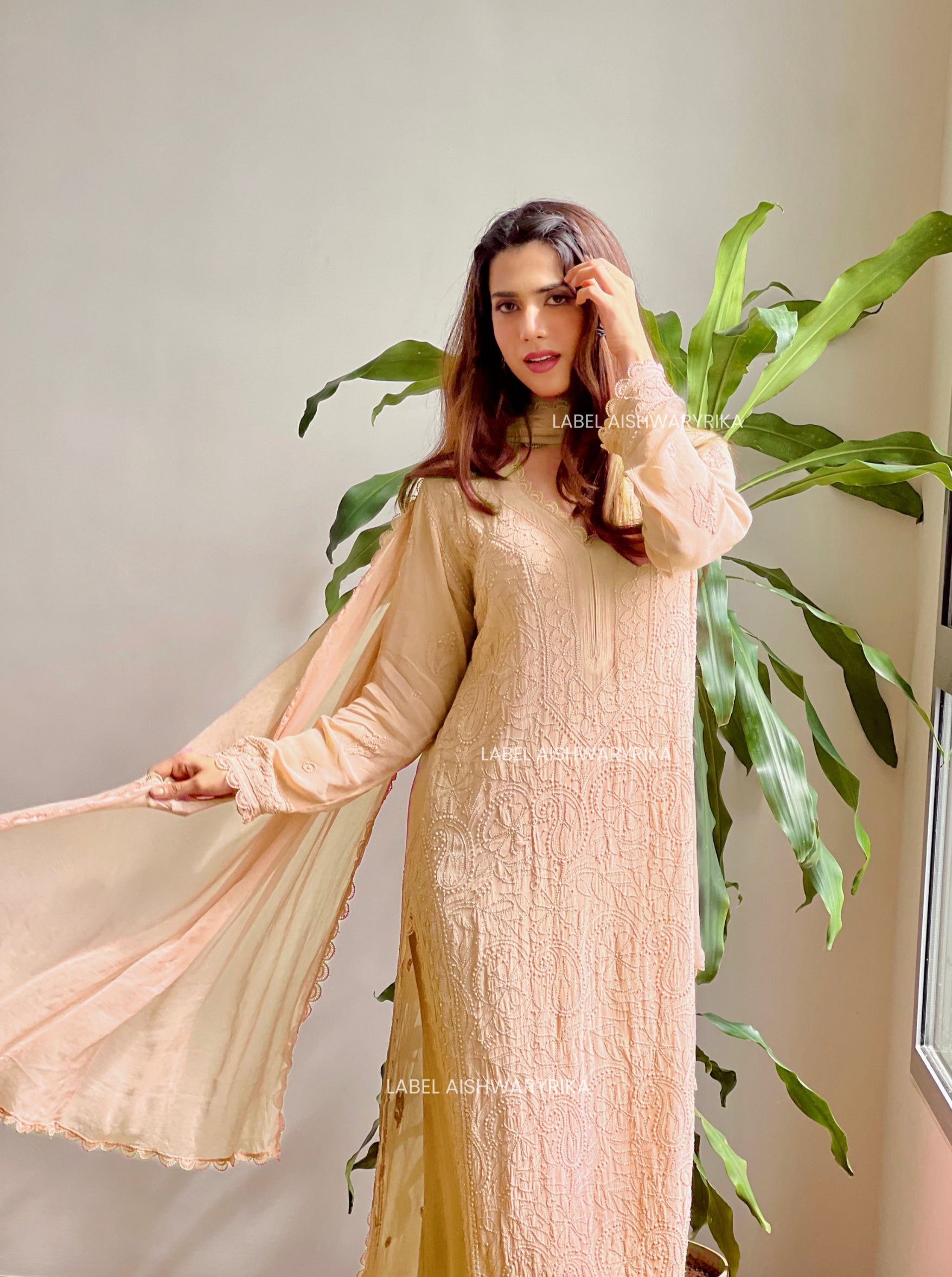 Elara Classic Beige Chikankari Kurta Set (Set of 3)