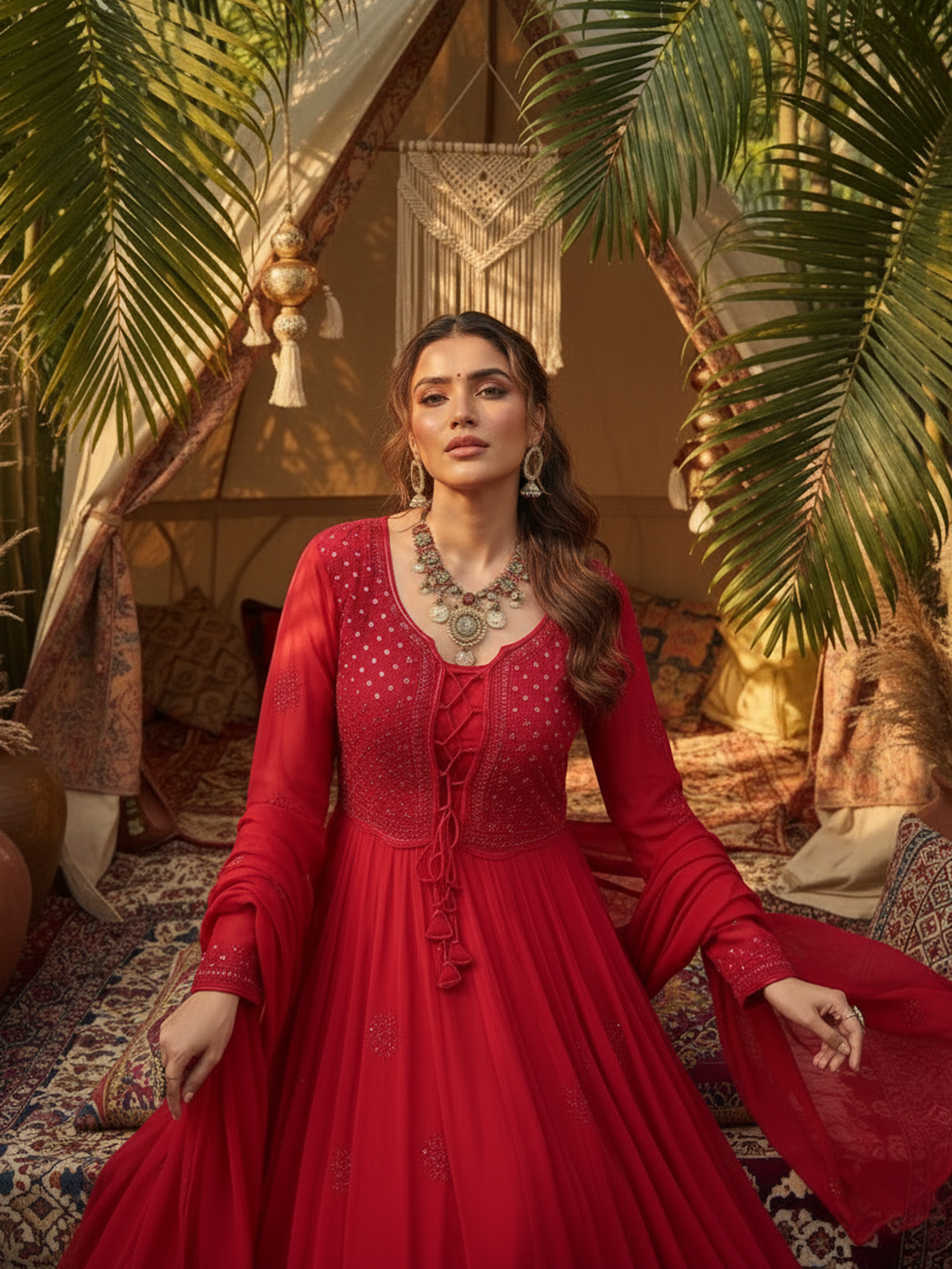 Crimson Glow Chikankari Anarkali Set (Set of 3)