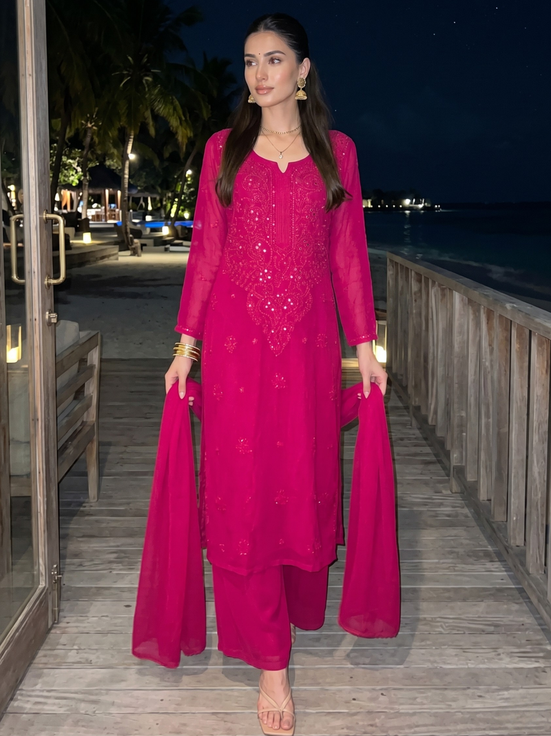 Vibrant Pink Chikankari Kurta Set (Set of 3)