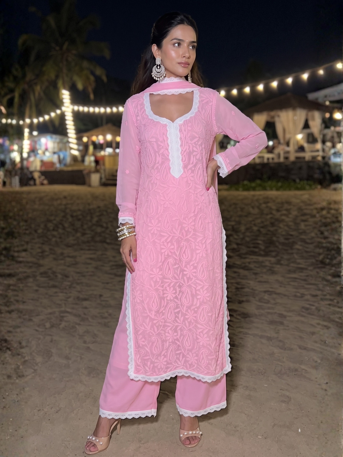 Aniyah Lily Pink Chikankari Kurta Set (Set of 3)