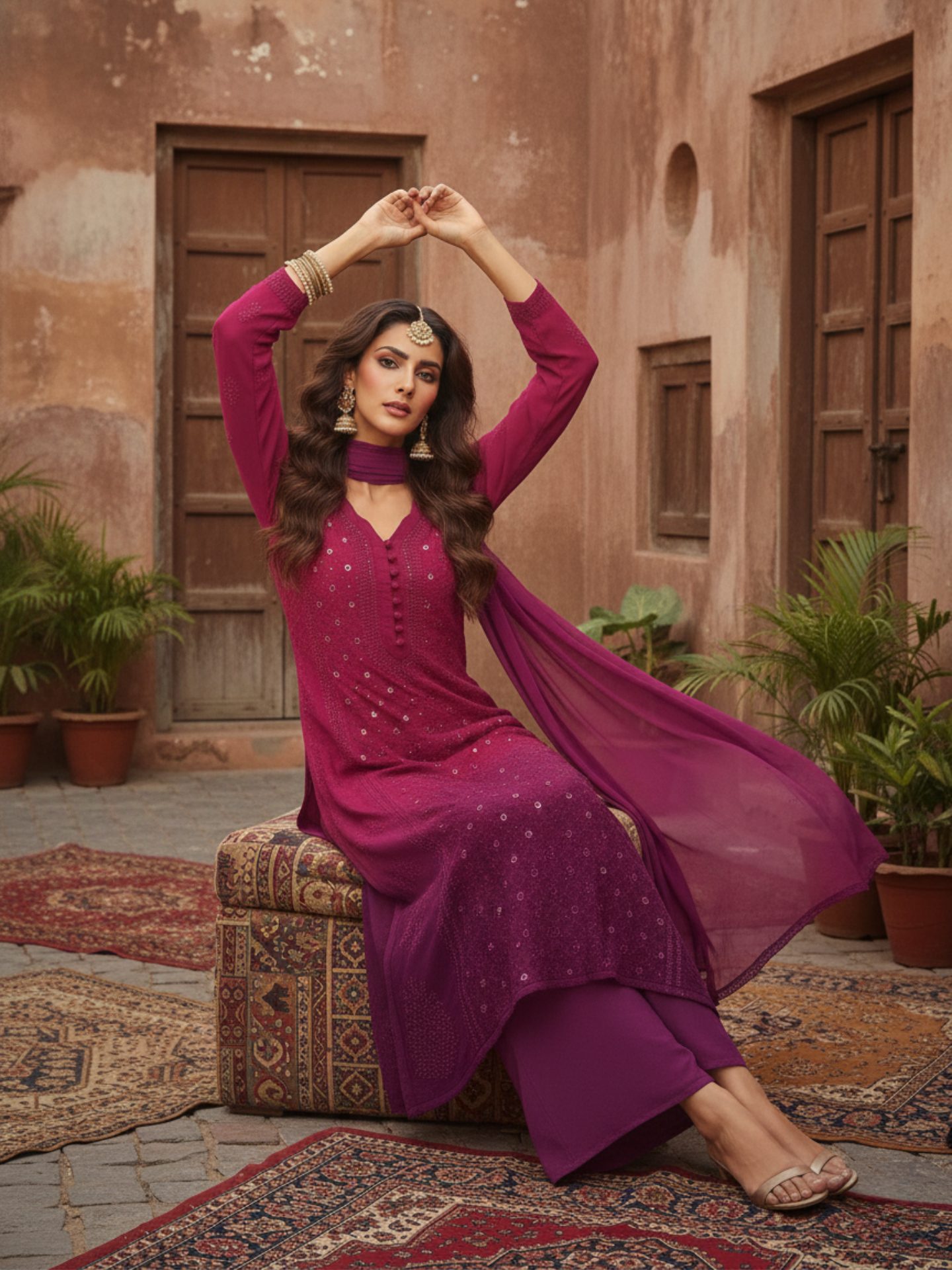 Berry Sorbet Ring Work Chikankari Kurta Set (Set of 3)