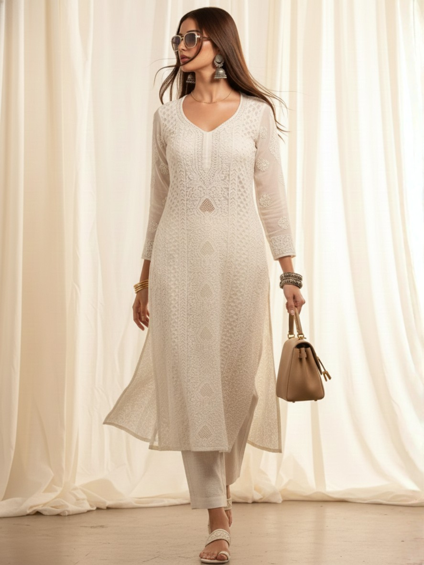 Pecan Gold Full Sleeves Chikankari Kurta
