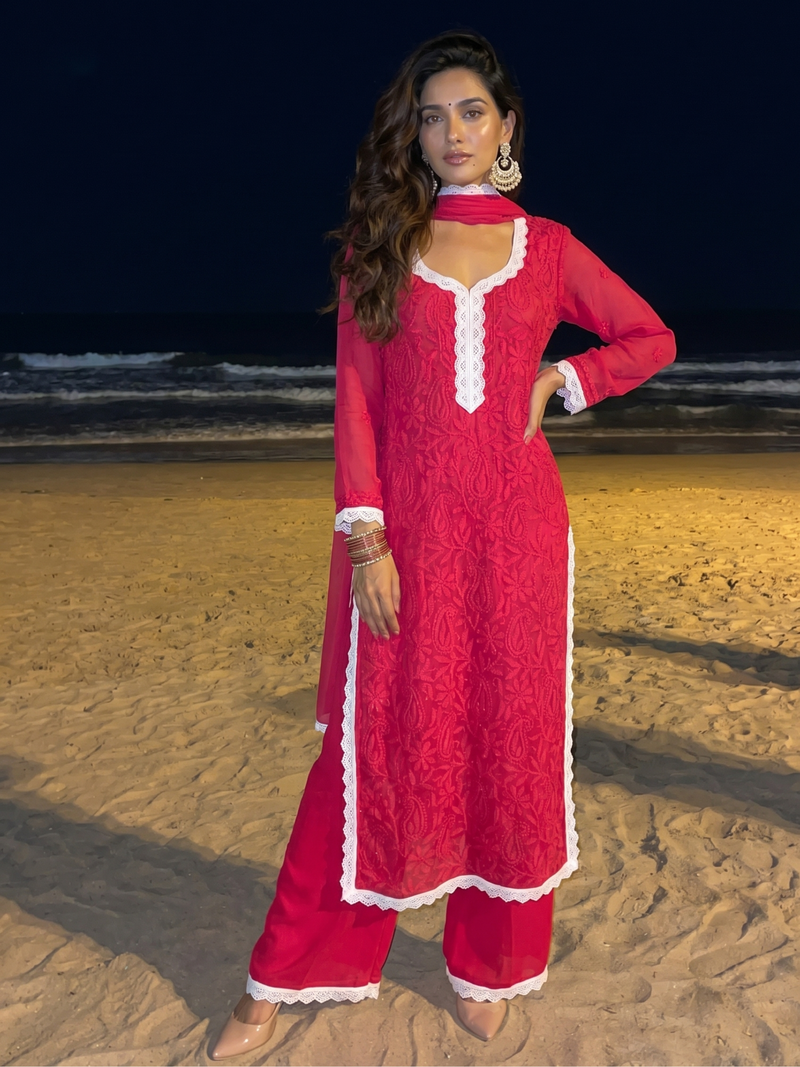 Aniyah Rose Red Chikankari Kurta Set (Set of 3)