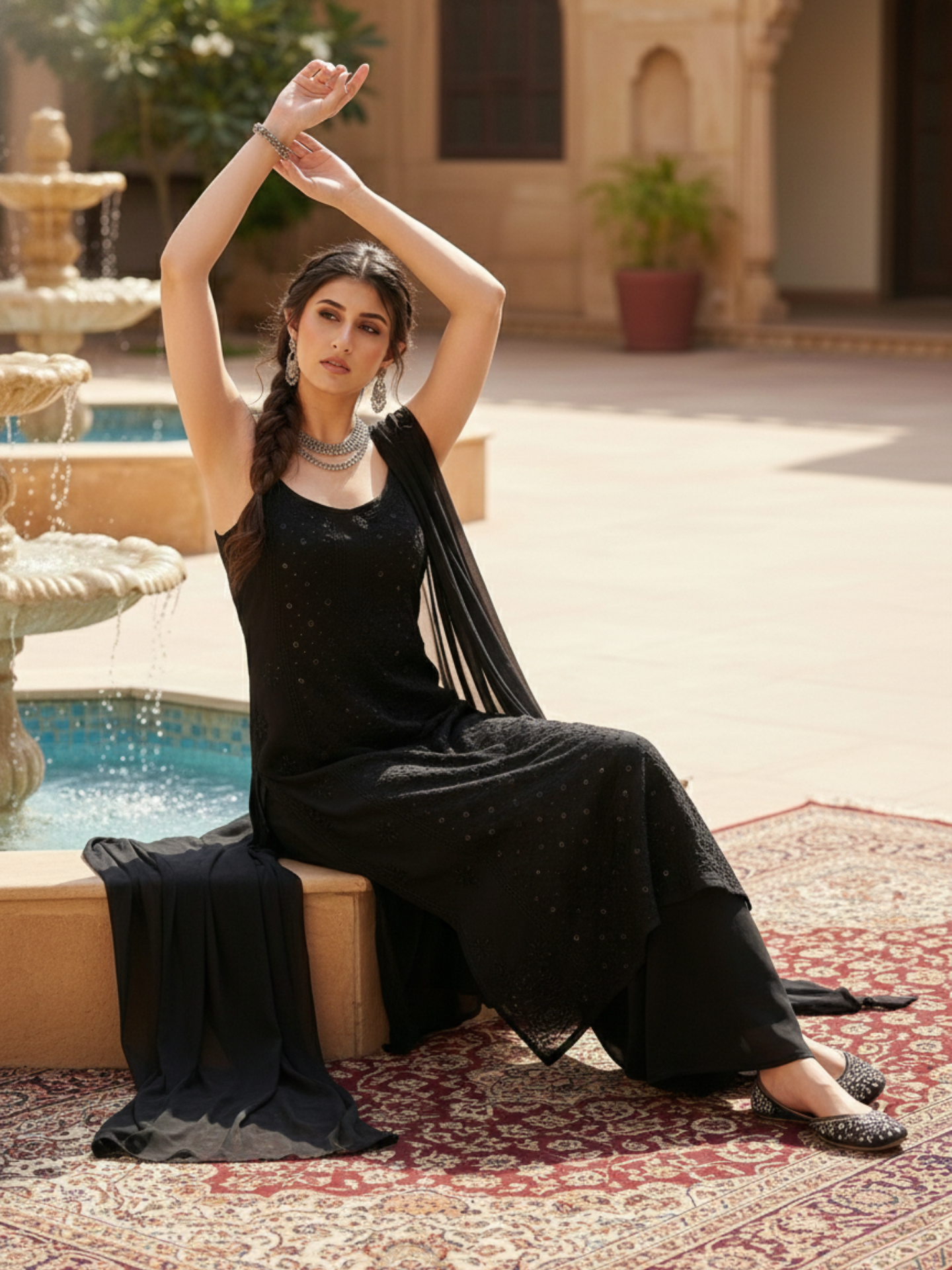 Black Ivy Chikankari & Mukaish Ringwork Kurta Set (Set of 3)