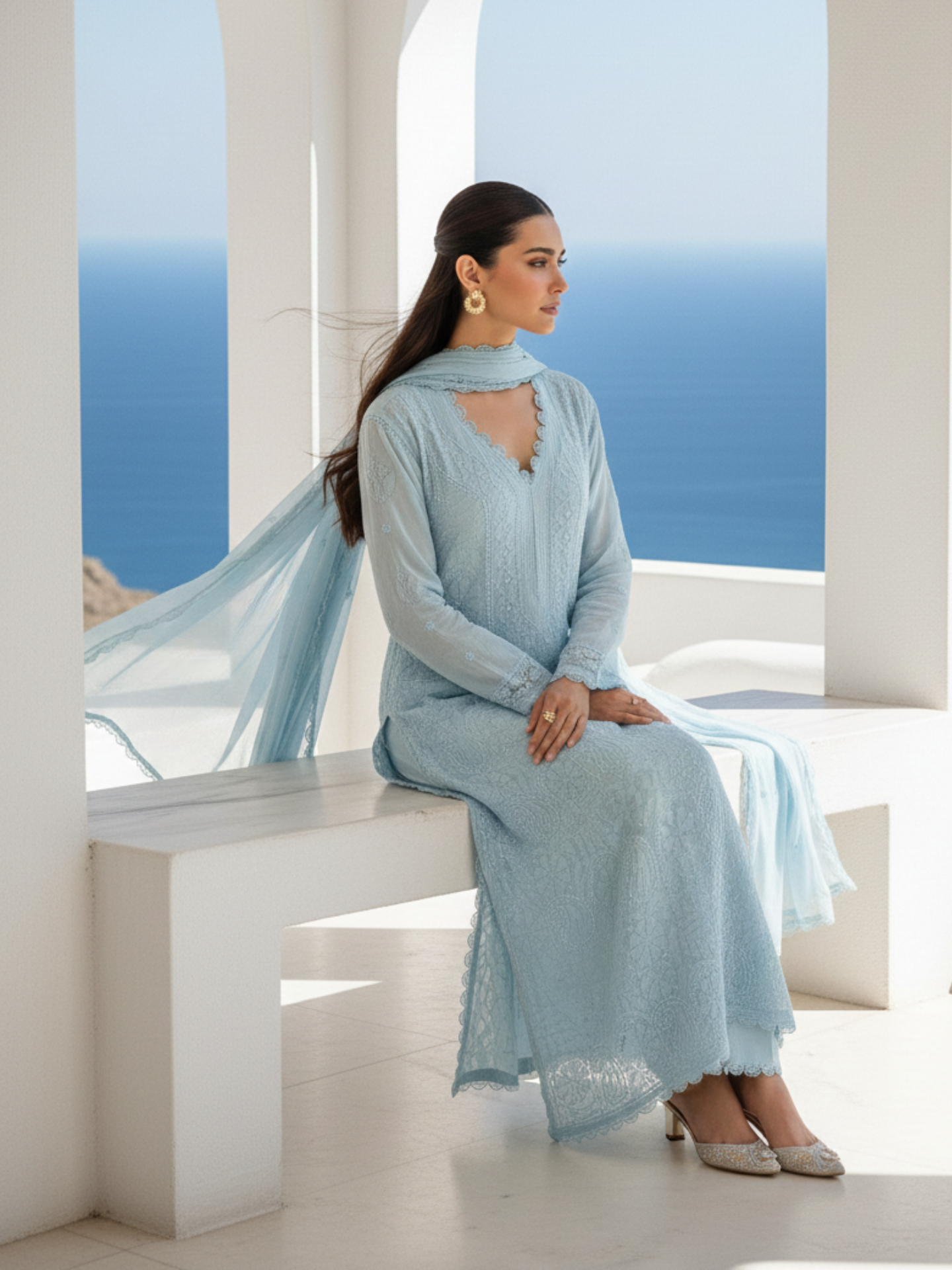 Moroccan Blue Chikankari Kurta Set (Set of 3)