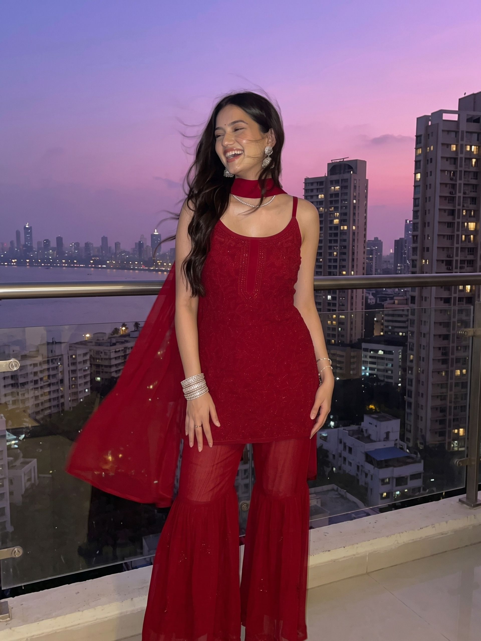 Scarlet Red Chikankari Gharara Short Kurta Set