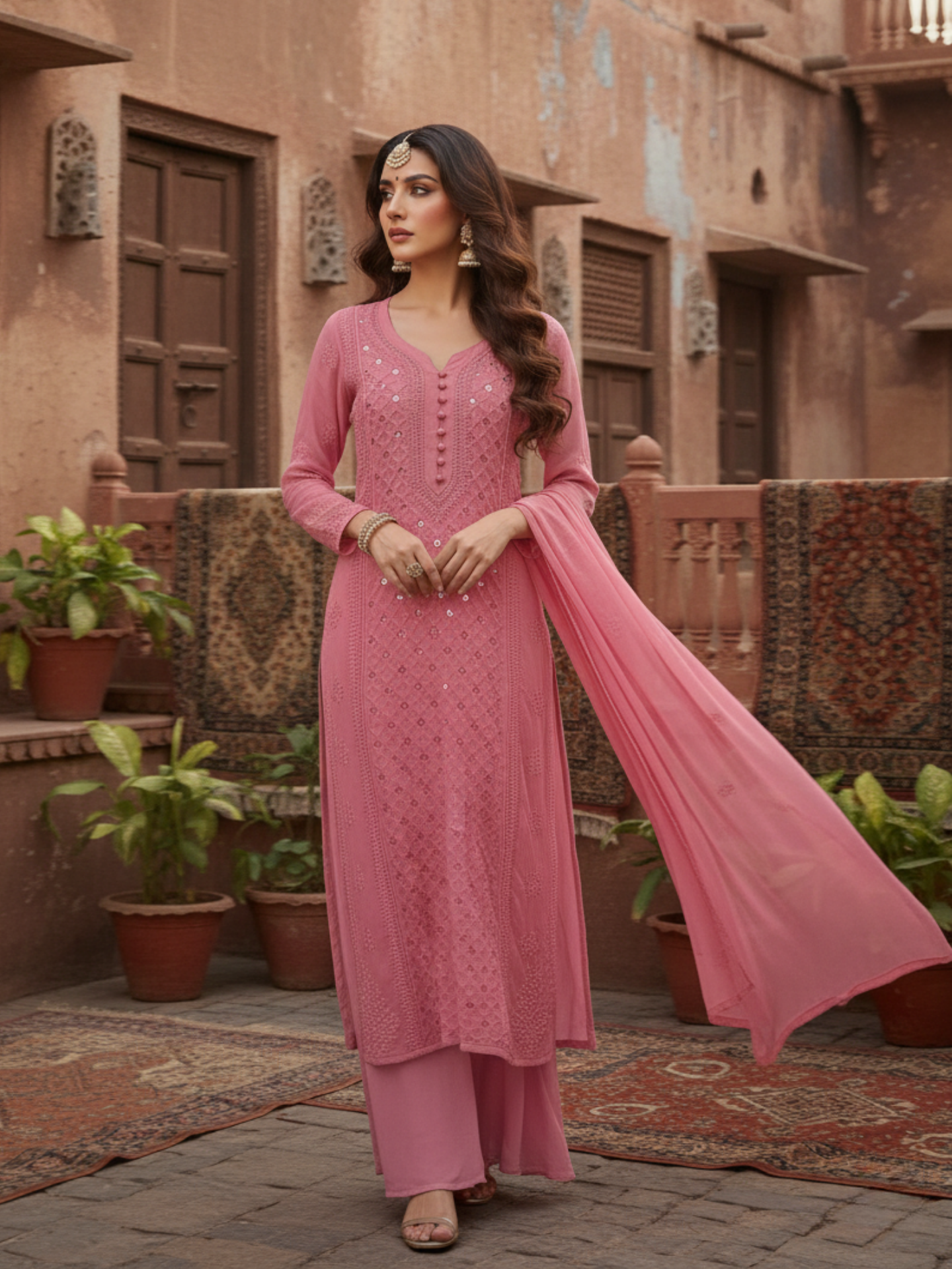 Dusty Rose Ring Work Kurta Set