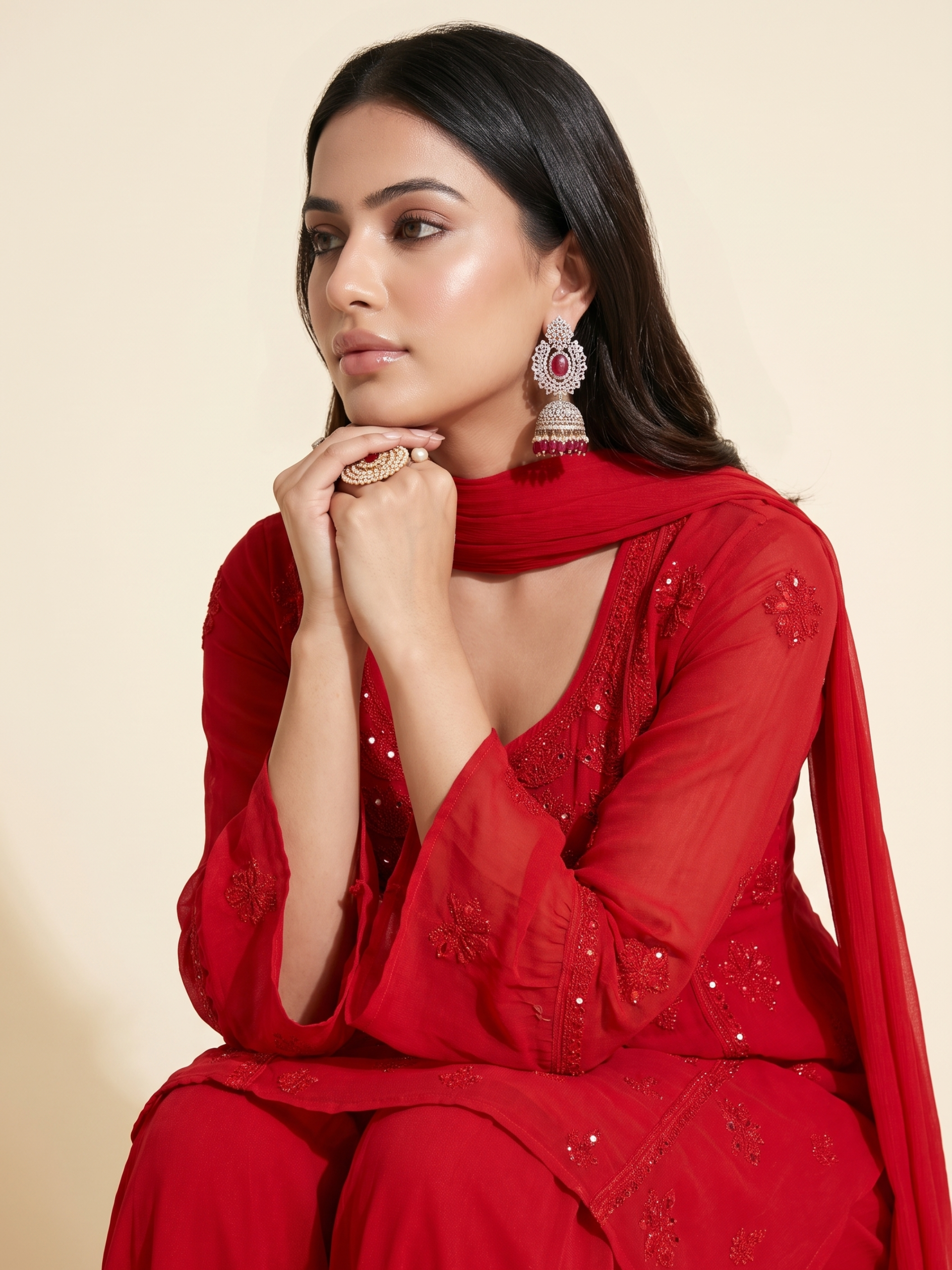 Carmine Chikankari Kurta - Gharara Set (Set of 3)
