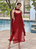 Crimson Red Ring Work Strappy Chikankari Kurta Set - Shop Label Aishwaryrika