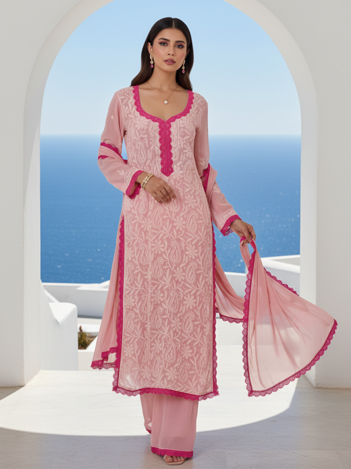 Valentina Pink Chikankari Kurta Set (Set of 3)