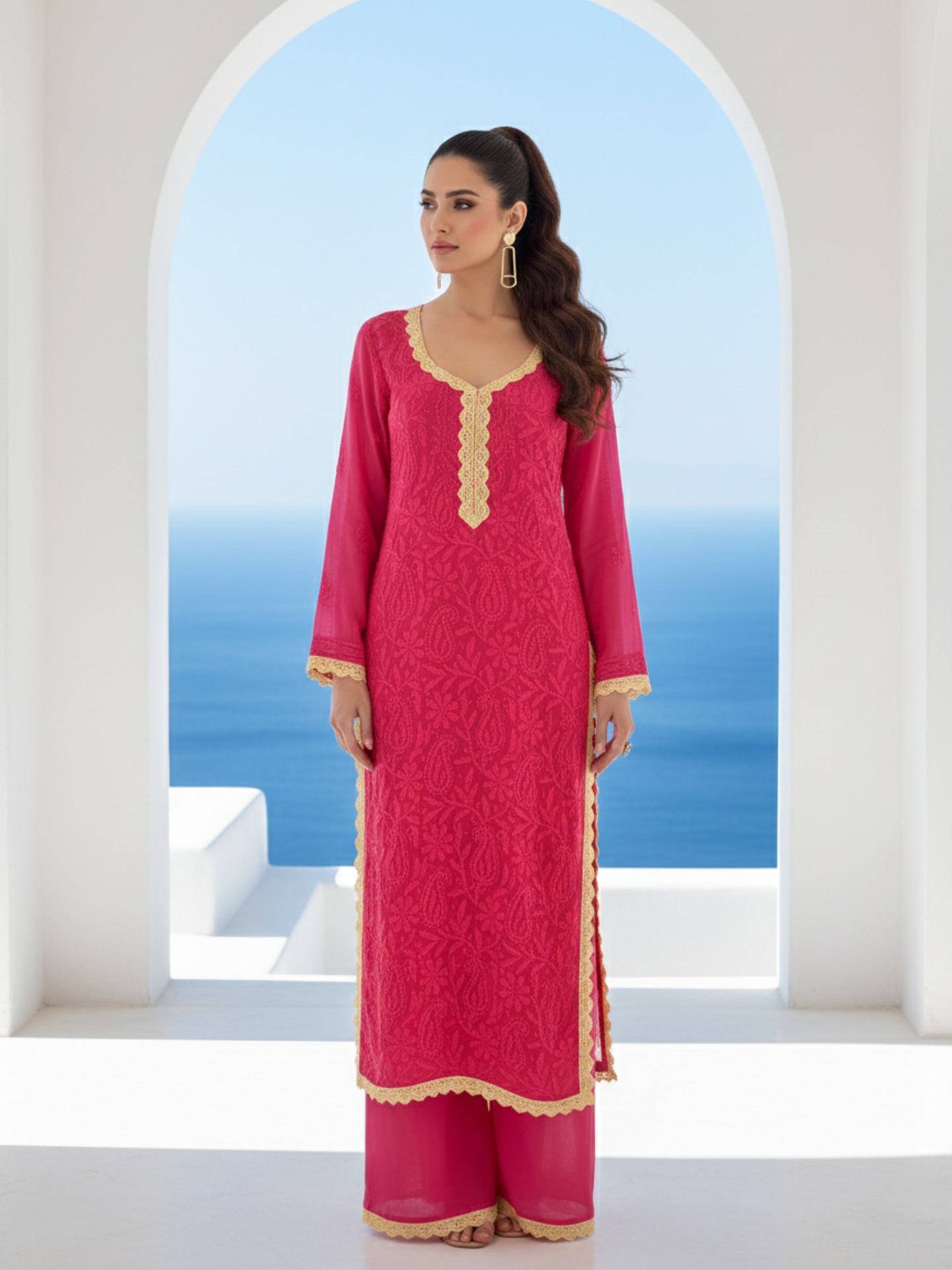 Raspberry Blanc Chikankari Kurta Set (Set of 3)