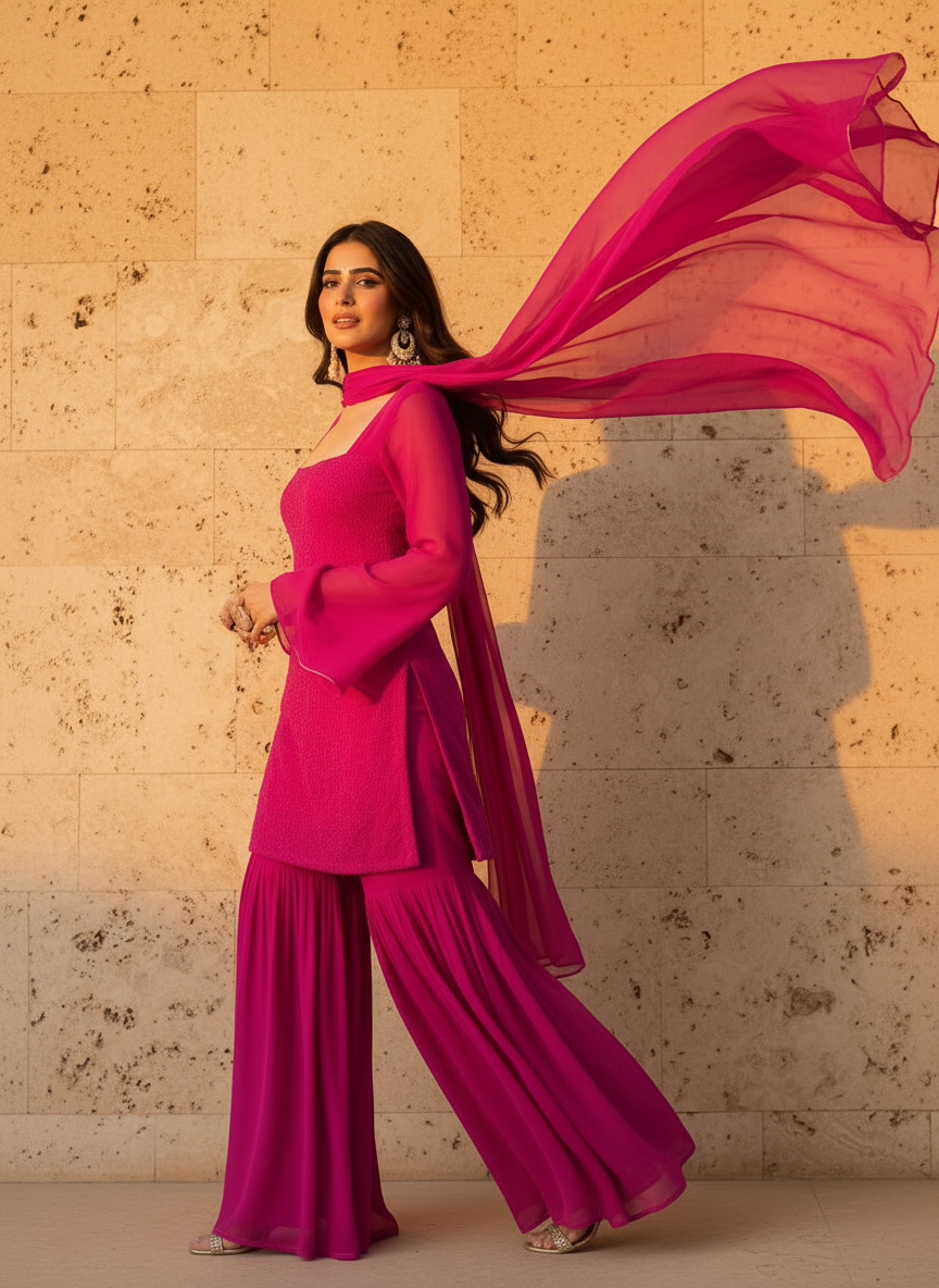 Bubblegum Pink Chikankari Gharara Short Kurta Set (Set of 3)