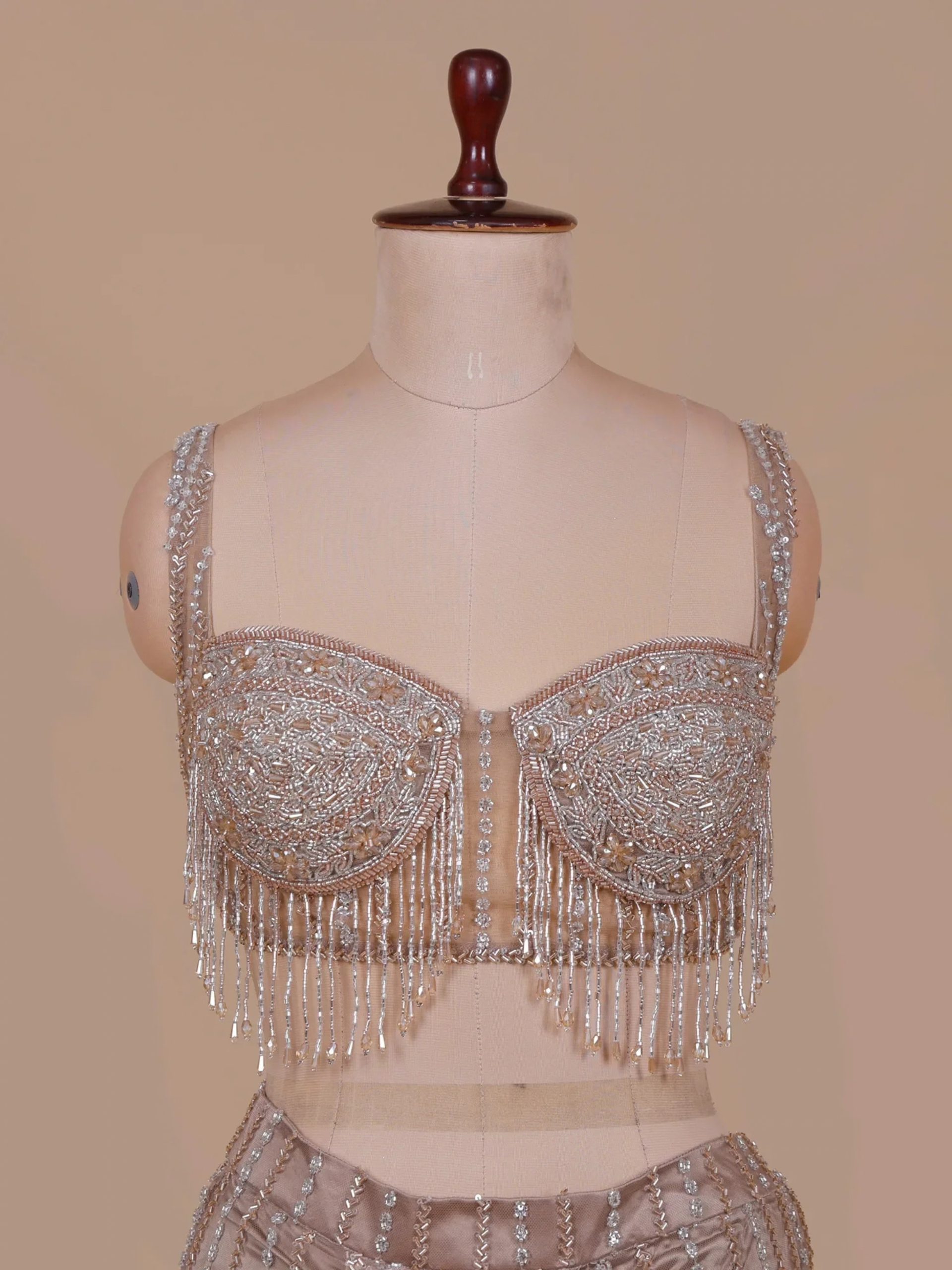 Champagne Crystal Embellished Net Drape Saree Set