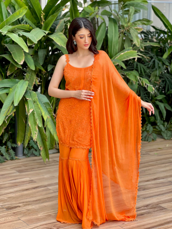 Mabel Chikankari Gharara Short Kurta Set (Set of 3)