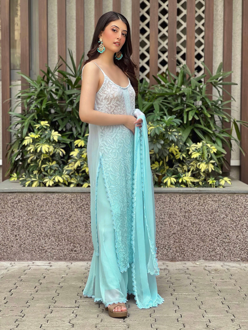 Dreamy Lagoon Ombré Lace Strappy Kurta Set (set of 3)