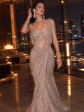 Champagne Crystal Embellished Net Drape Saree Set