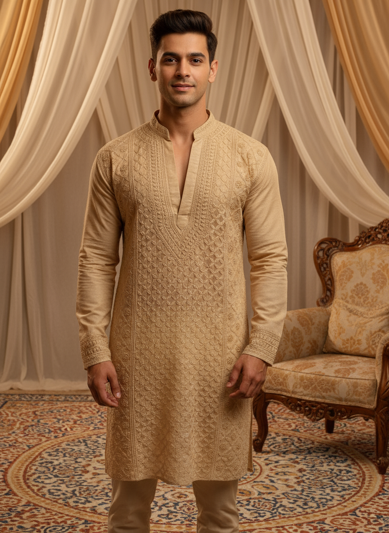 Silkstone Mens Chikankari Hand-embroidered Kurta