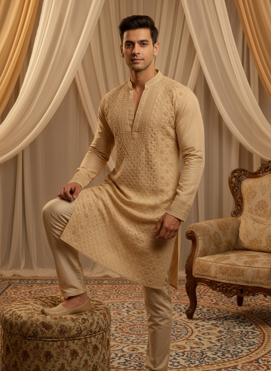 Silkstone Mens Chikankari Hand-embroidered Kurta