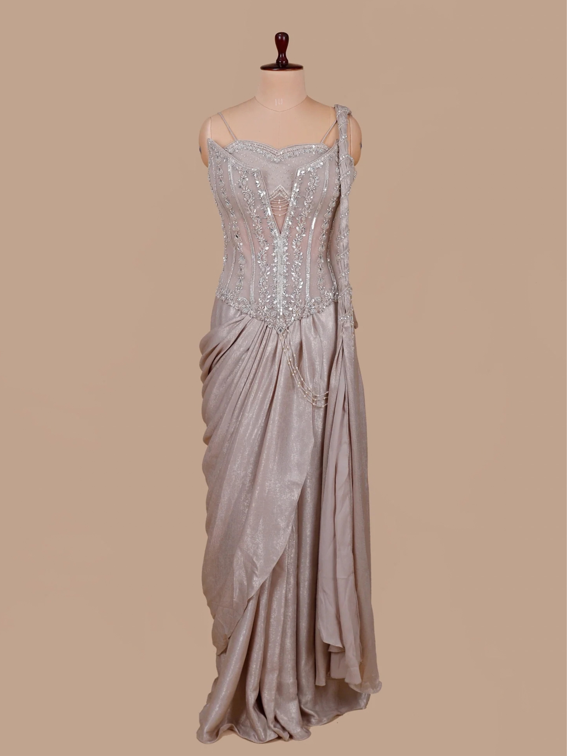 Pastel Champagne Pre-Draped Saree with Sequin & Mirror Corset