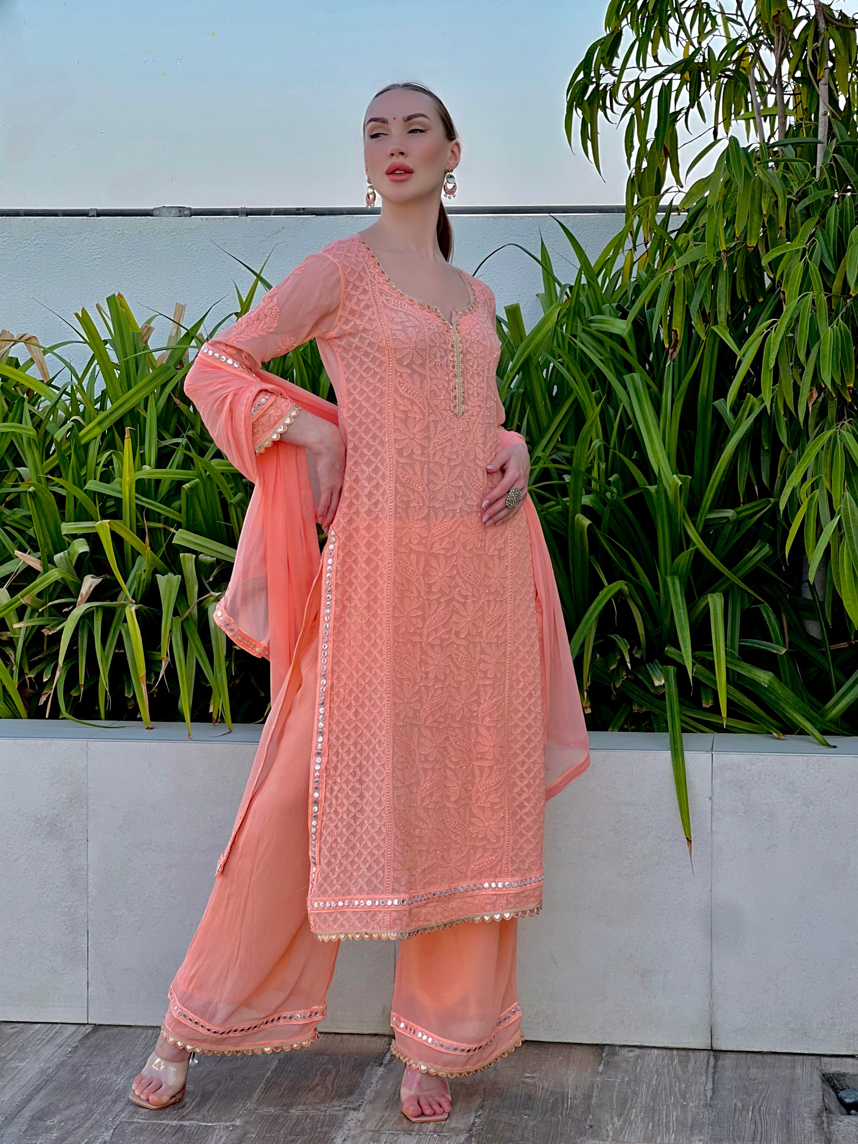 Amaretti Peach Chikankari kurta (set of 3)