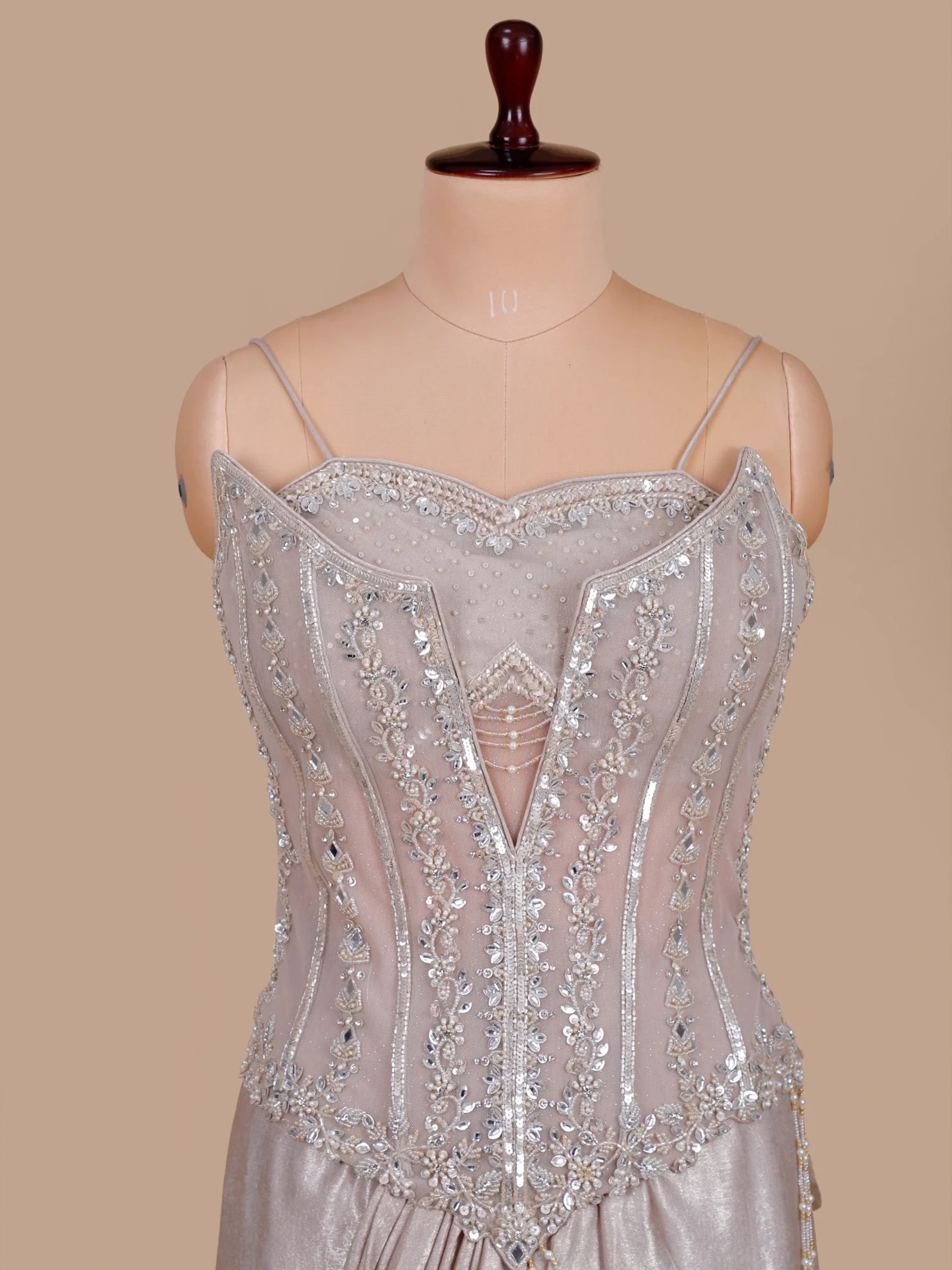 Pastel Champagne Pre-Draped Saree with Sequin & Mirror Corset