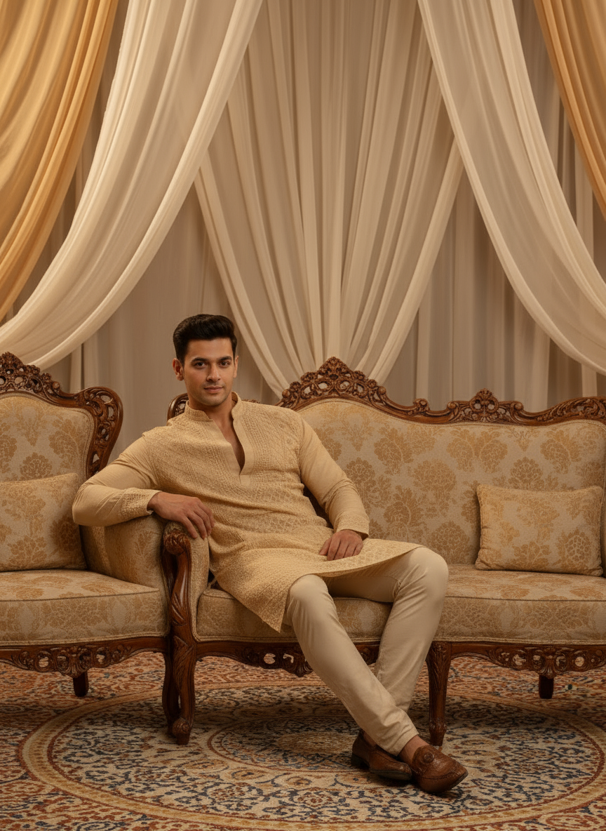 Silkstone Mens Chikankari Hand-embroidered Kurta