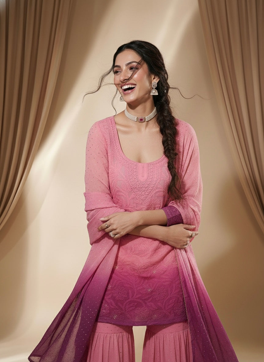 Florian Pink Mukaish Gharara Short Kurta Set (Set of 3)