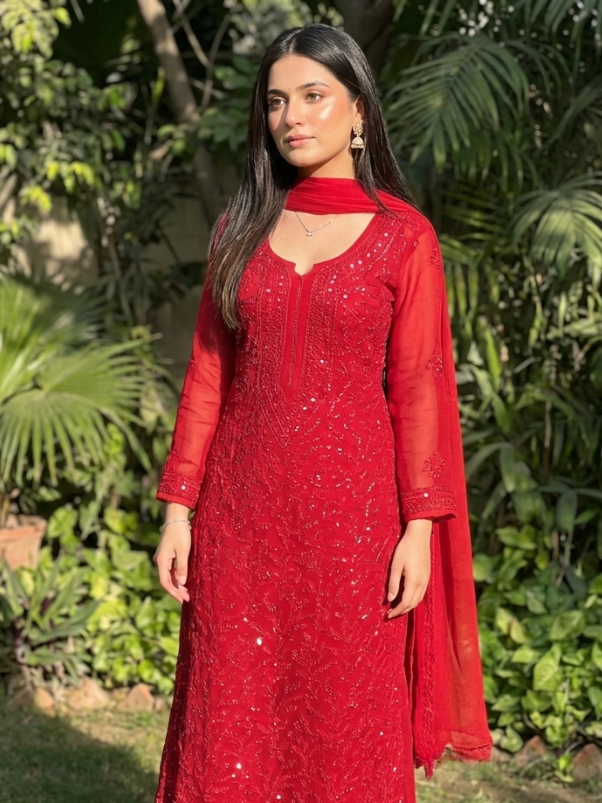 Forbidden Red Full Sleeves Chikankari Kurta Set (Set of 3)