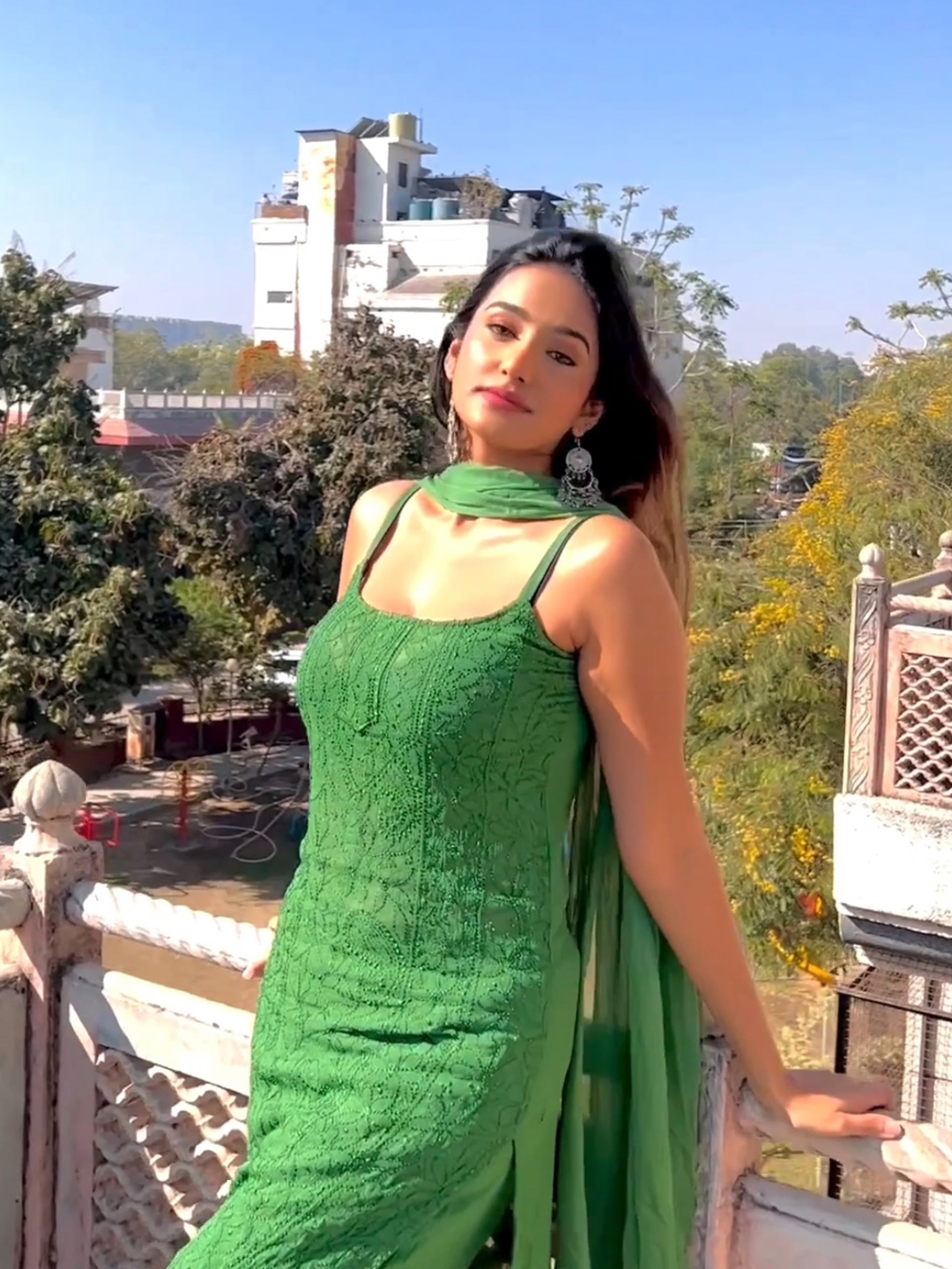 Emerald Green Chikankari Strappy Kurta Set (Set of 3) Shop Label Aishwaryrika Emerald Green Chikankari Strappy Kurta Set (Set of 3) Shop Label Aishwaryrika