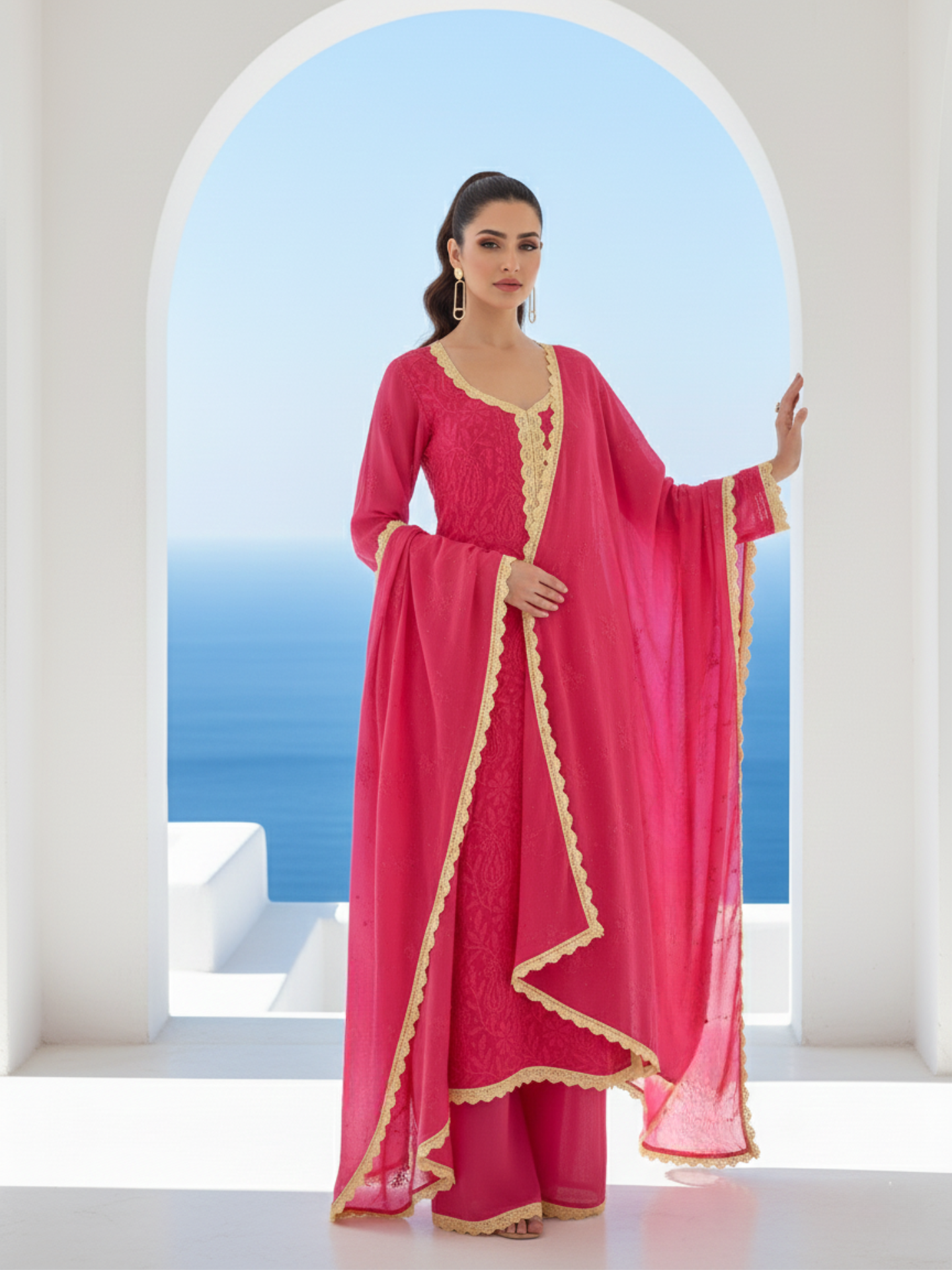 Raspberry Blanc Chikankari Kurta Set (Set of 3)