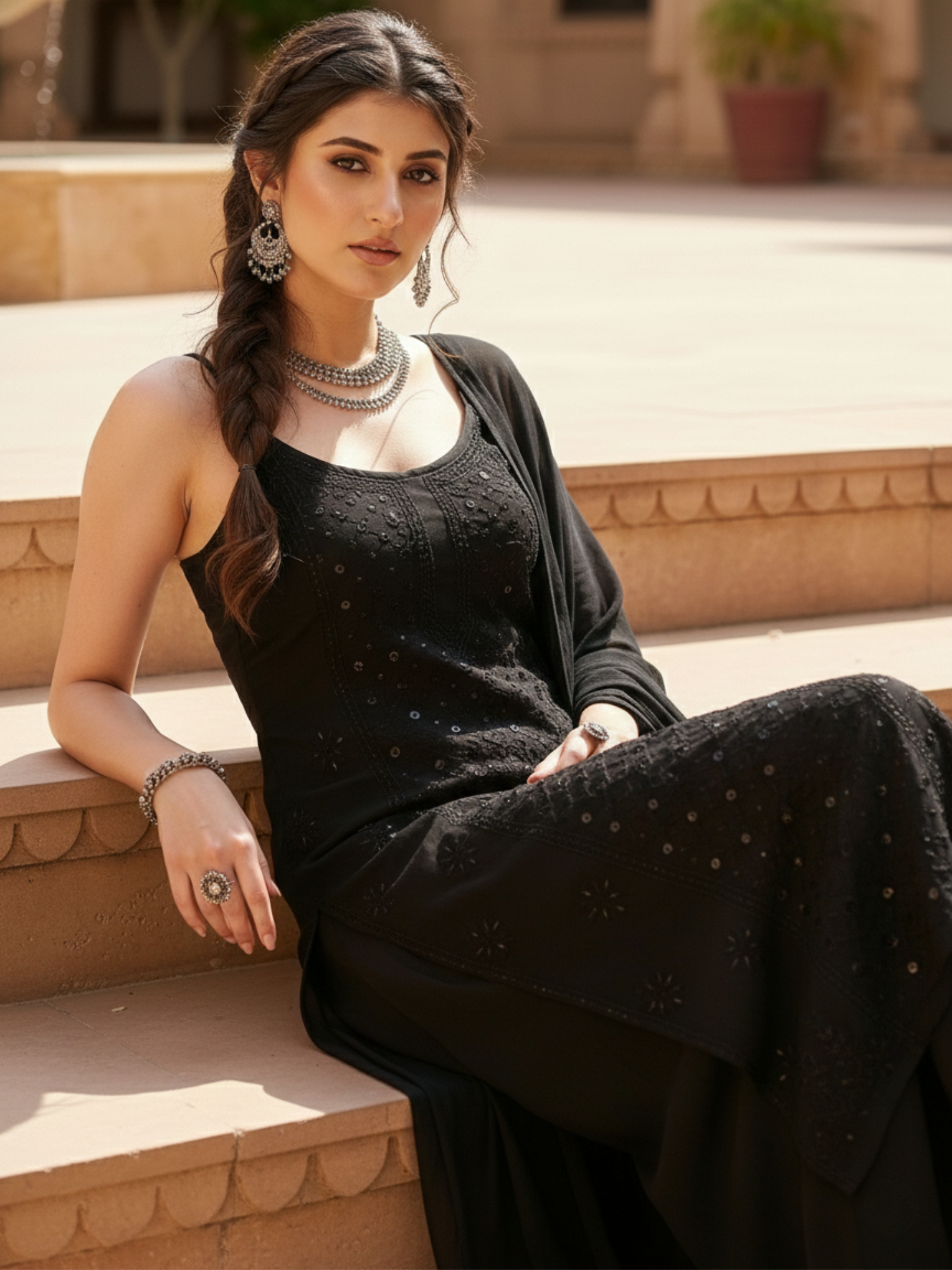 Black Ivy Chikankari & Mukaish Ringwork Kurta Set (Set of 3)