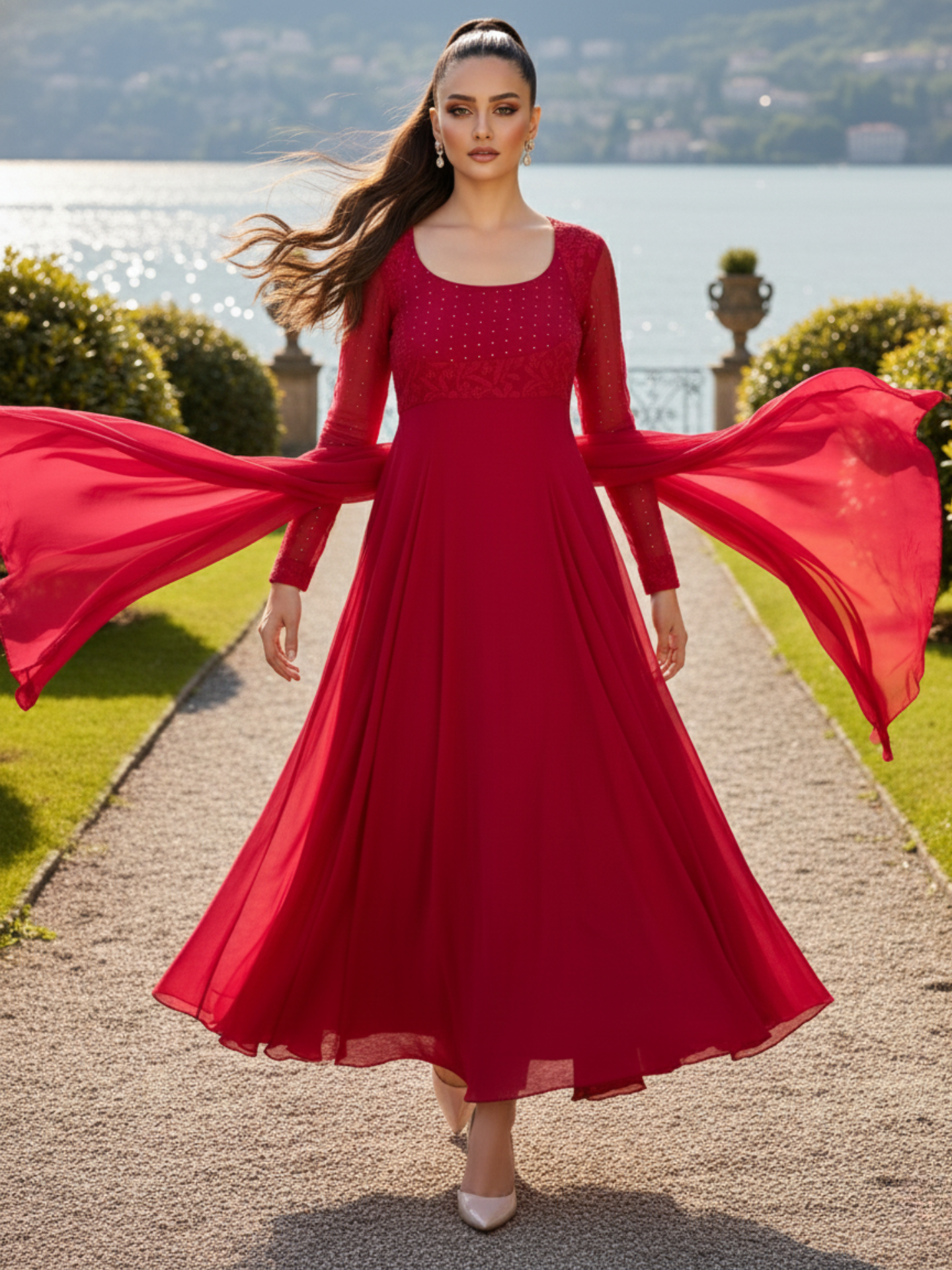 Noir Red Chikankari Anarkali Set (Set of 3)