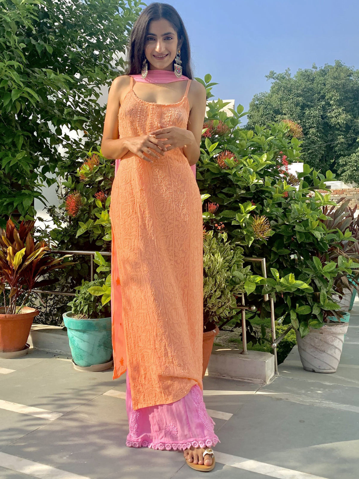 Coral Blush Strappy Chikankari Kurta