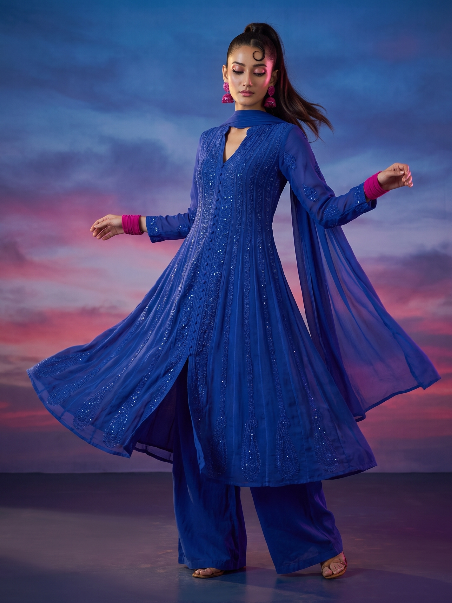 Sapphire Positano Chikankari & Mukaish Anarkali Set (Set of 3)