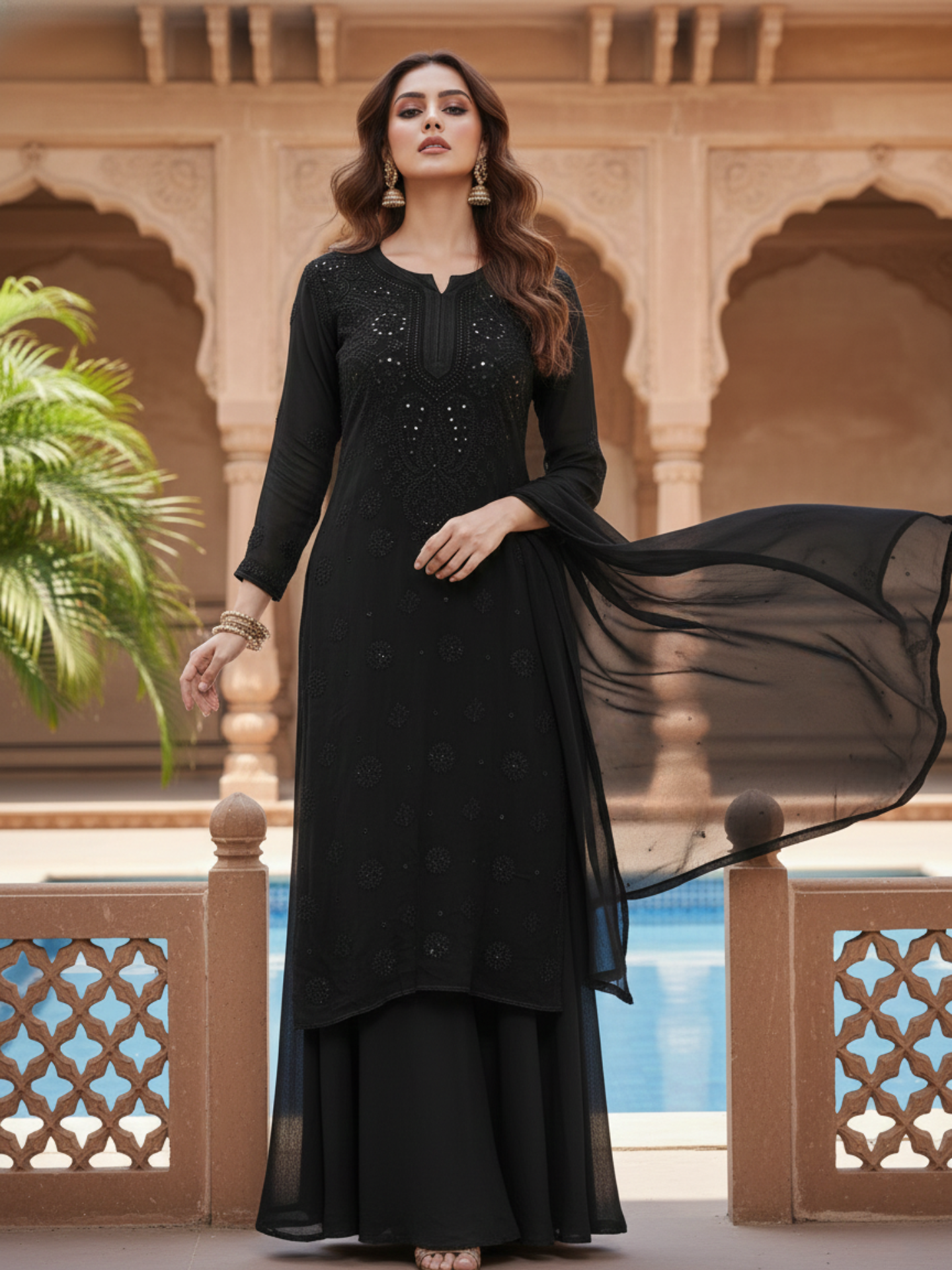Cashmere Black Chikankari Kurta Set (Set of 3)