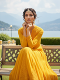 Tuscan Yellow Chikankari & Mukaish Anarkali Set (Set of 3)