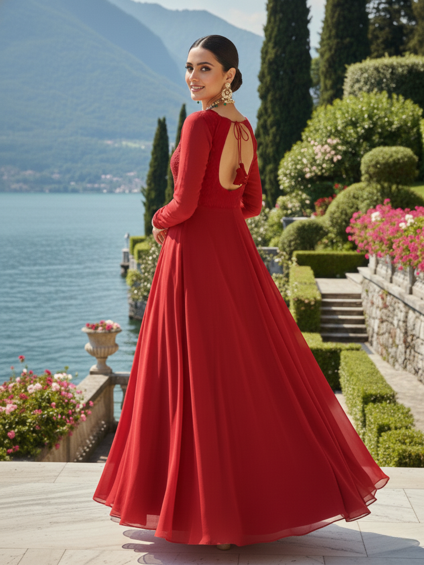 Bordeaux Red Chikankari Anarkali (Set of 3)