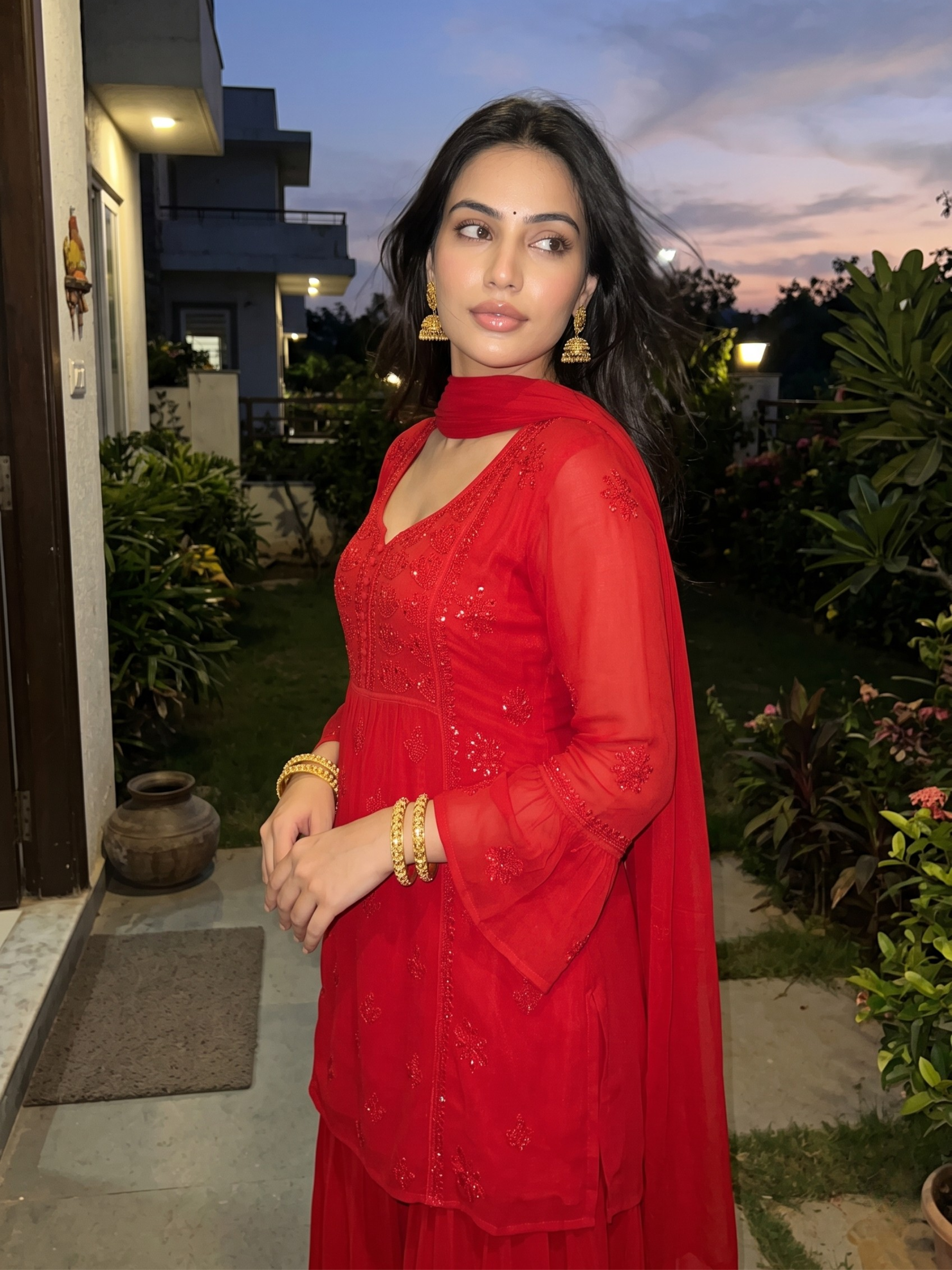 Carmine Chikankari Kurta - Gharara Set (Set of 3)