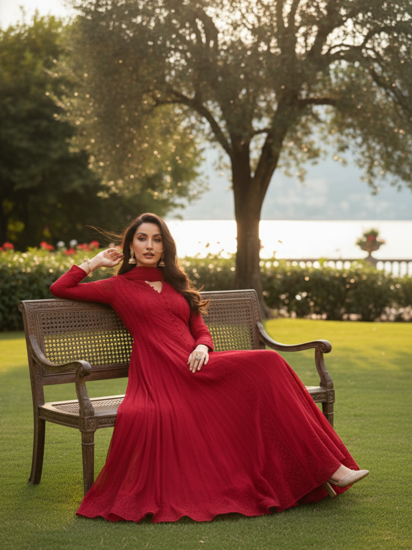 Ravello Red Chikankari & Mukaish Anarkali Set (Set of 3)