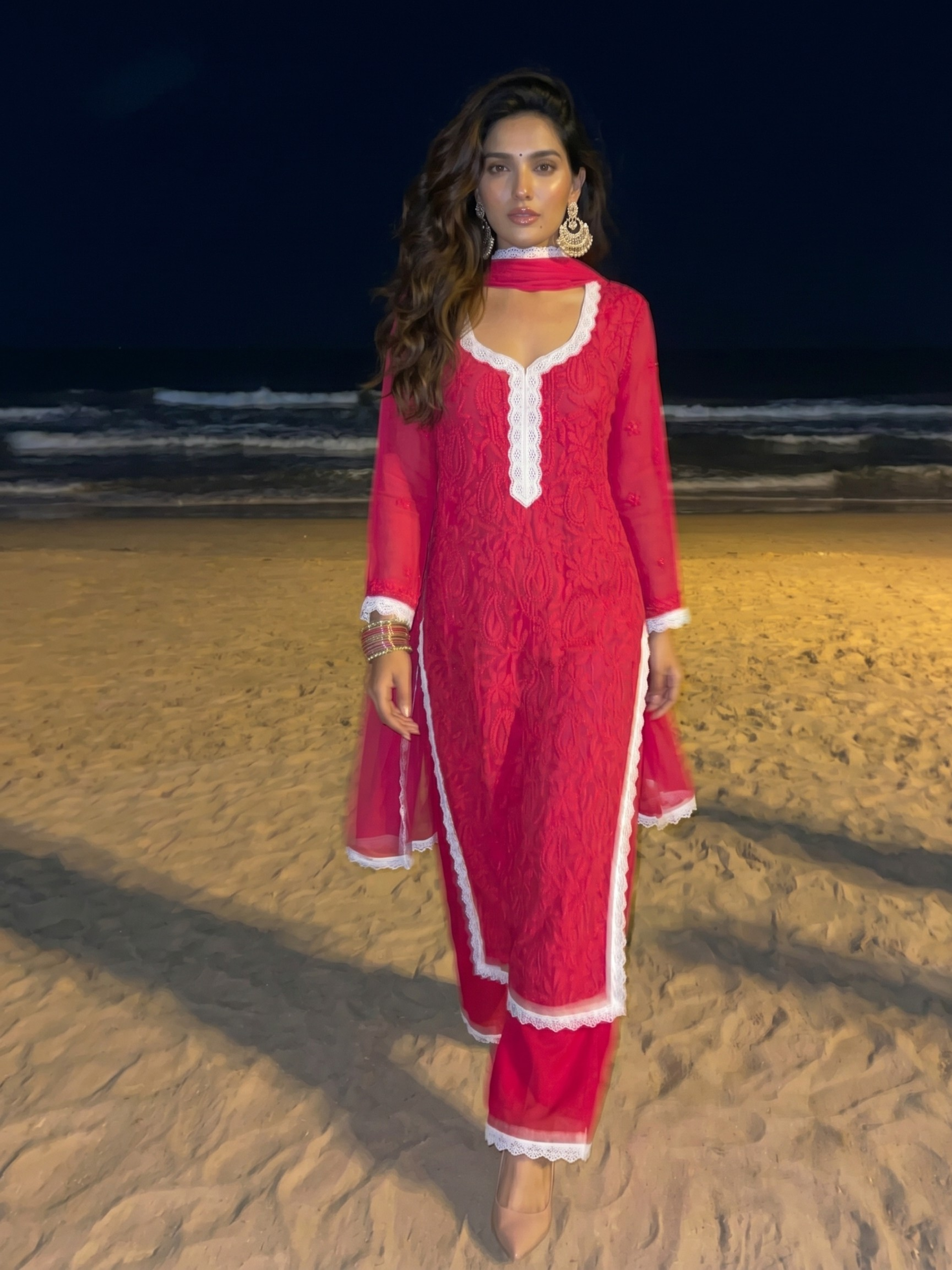 Aniyah Rose Red Chikankari Kurta Set (Set of 3)