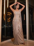 Pastel Champagne Pre-Draped Saree with Sequin & Mirror Corset