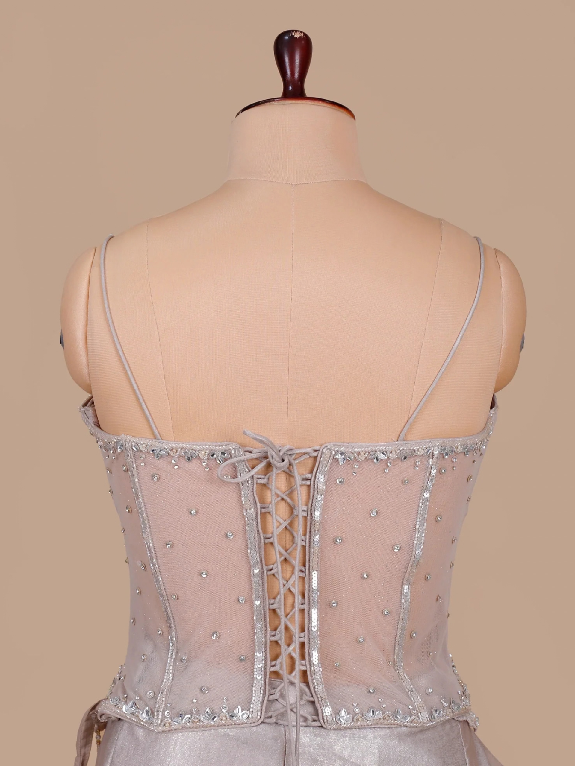 Pastel Champagne Pre-Draped Saree with Sequin & Mirror Corset