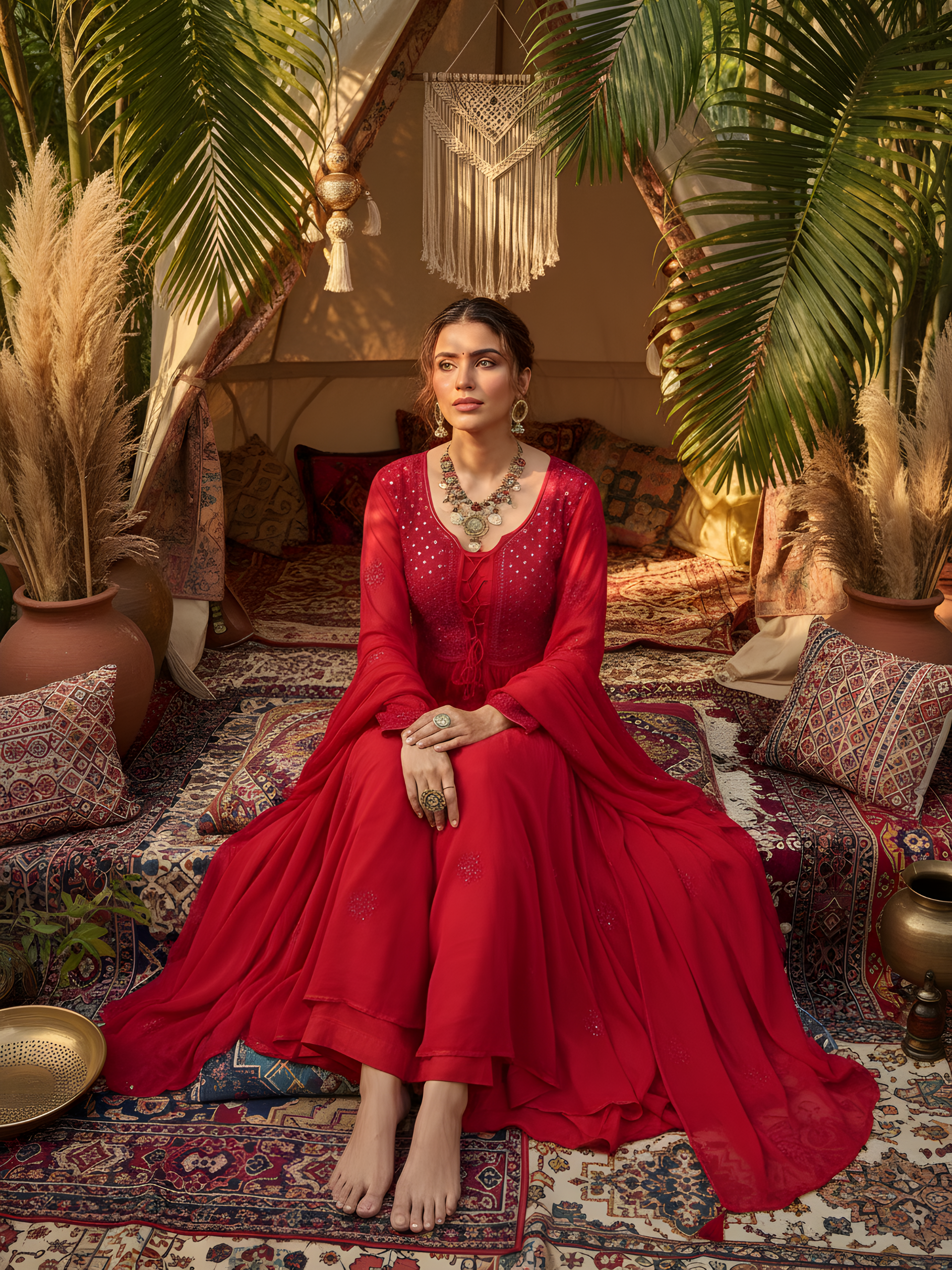 Crimson Glow Chikankari Anarkali Set (Set of 3)