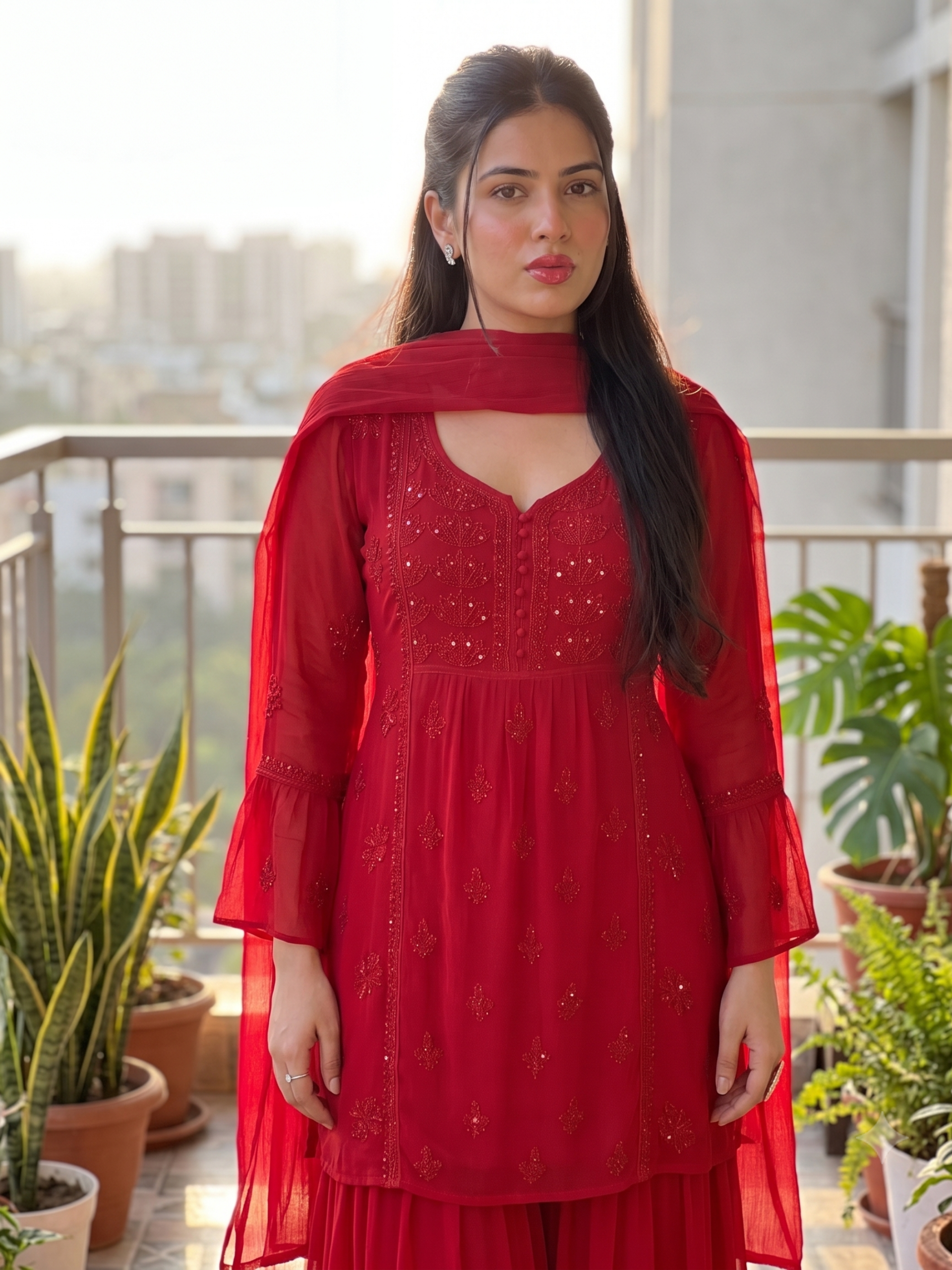 Carmine Chikankari Kurta - Gharara Set (Set of 3)