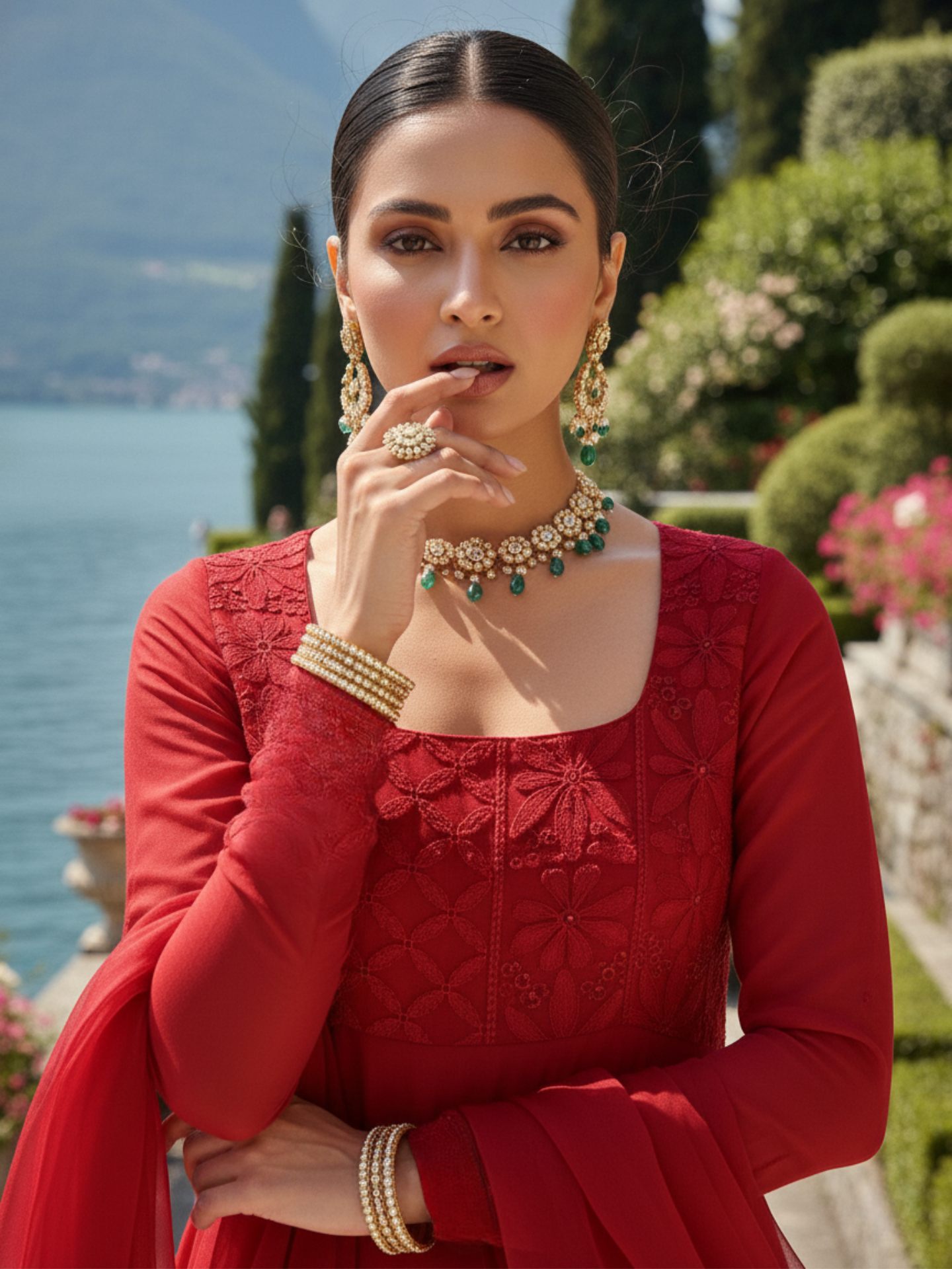 Bordeaux Red Chikankari Anarkali (Set of 3)